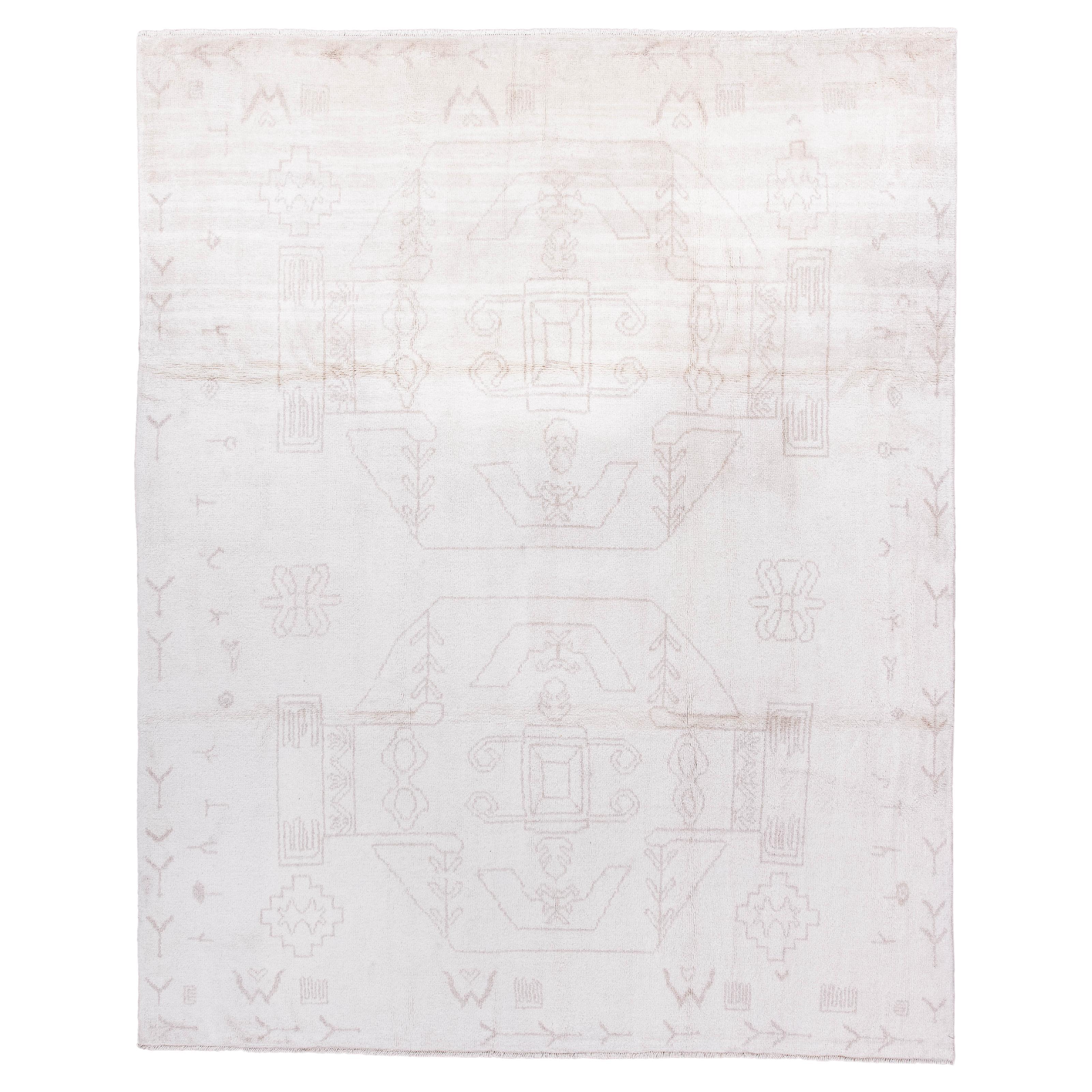 Contemporary Hand-Knotted Moroccan Rug Tonal Ivory Tribal Motifs