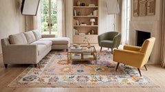 Contemporary Hand-Knotted Oushak Style Wool Rug in Soft Peach, Lavender & Ochre