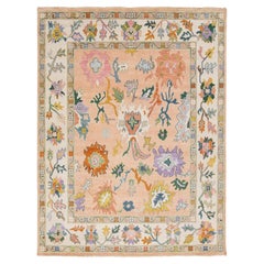 Contemporary Hand-Knotted Oushak Style Wool Rug in Soft Peach, Lavender & Ochre