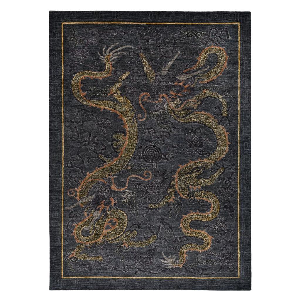 Contemporary Hand Knotted Pure Coal Ghazni Wool "Tian Druck" Rug by Battilossi For Sale