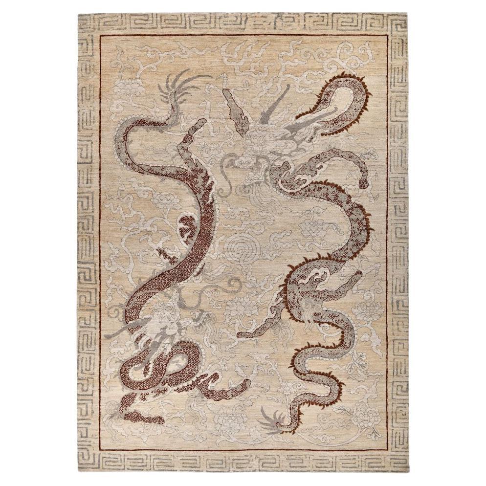 Contemporary Hand Knotted Pure Ivory Ghazni Wool "Tian Druck" Rug by Battilossi