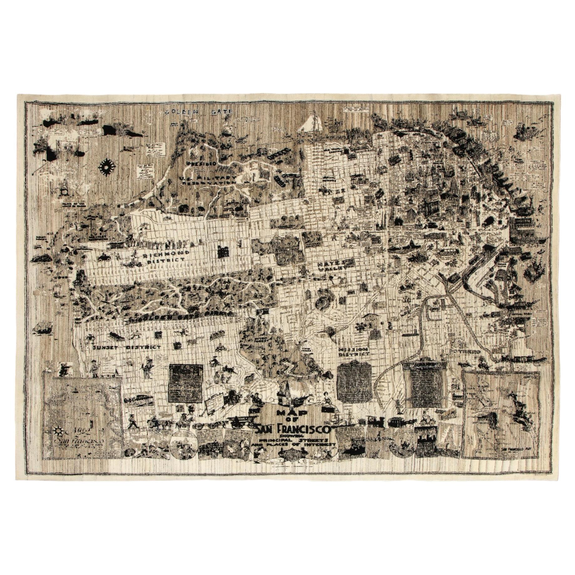 Contemporary Hand-Knotted San Francisco Map Rug in Black and Ivory Wool, 10x14 For Sale