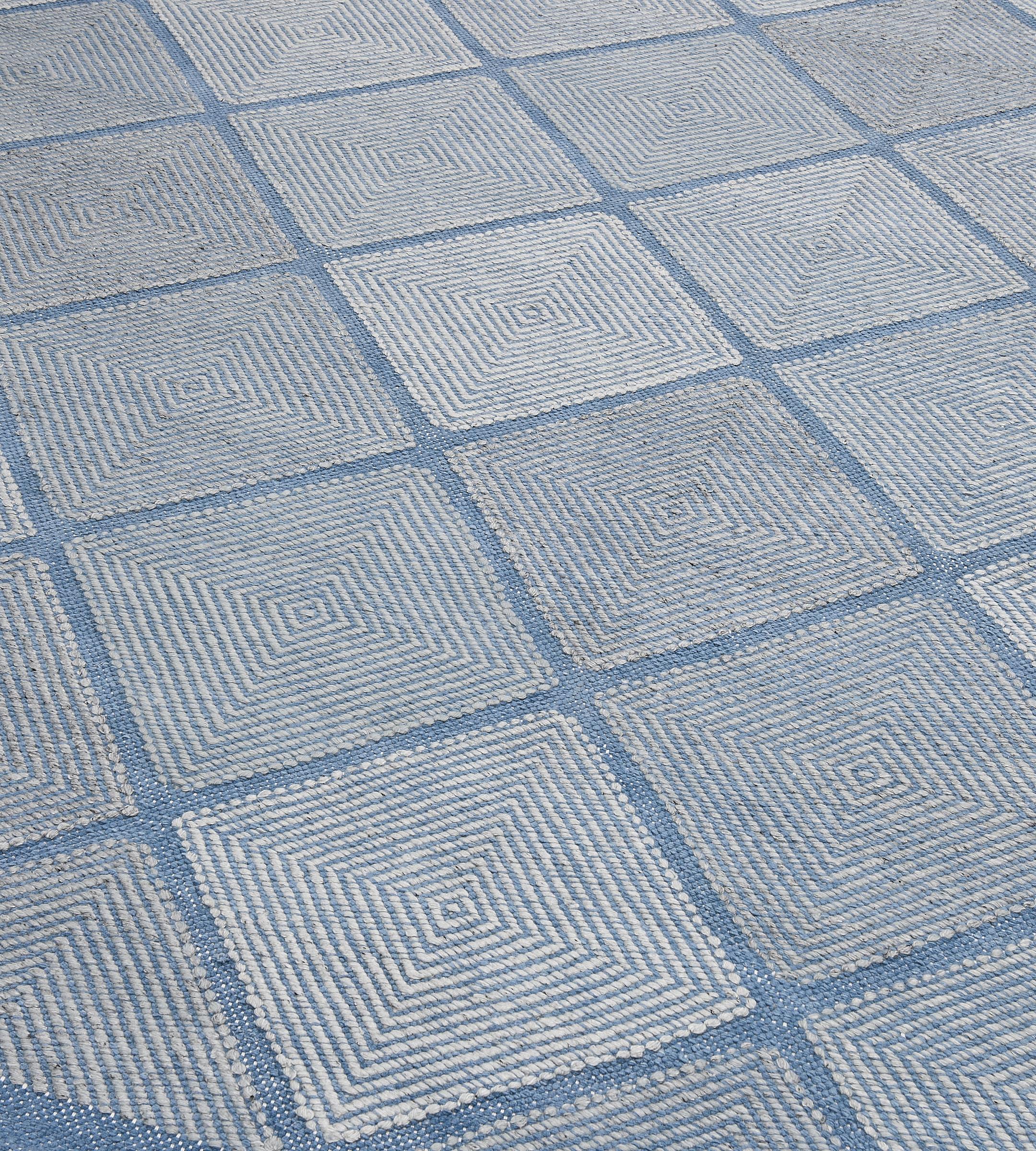 Indian Contemporary Hand-Knotted Swedish-Inspired Blue Wool Rug For Sale