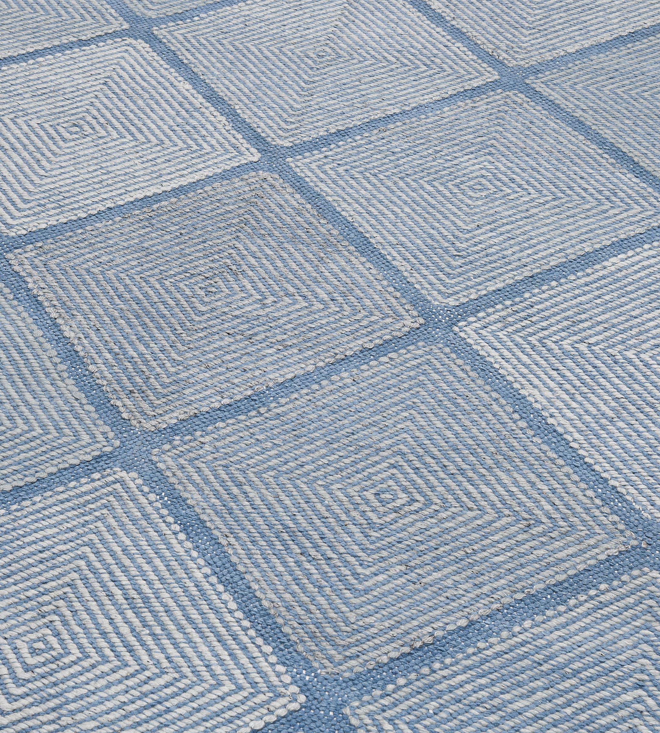 Contemporary Hand-Knotted Swedish-Inspired Blue Wool Rug In New Condition For Sale In West Hollywood, CA