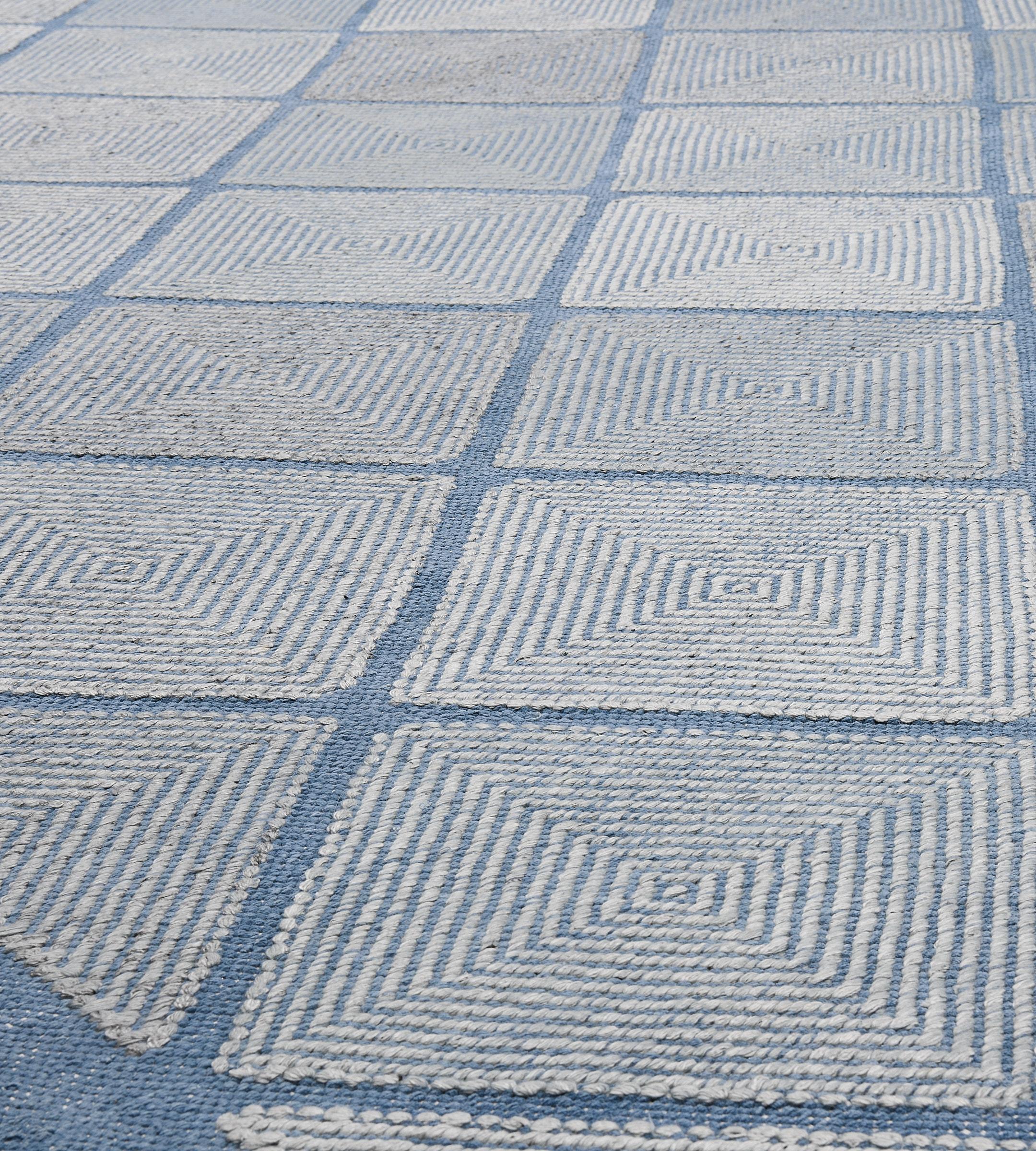 Contemporary Hand-Knotted Swedish-Inspired Blue Wool Rug For Sale 2