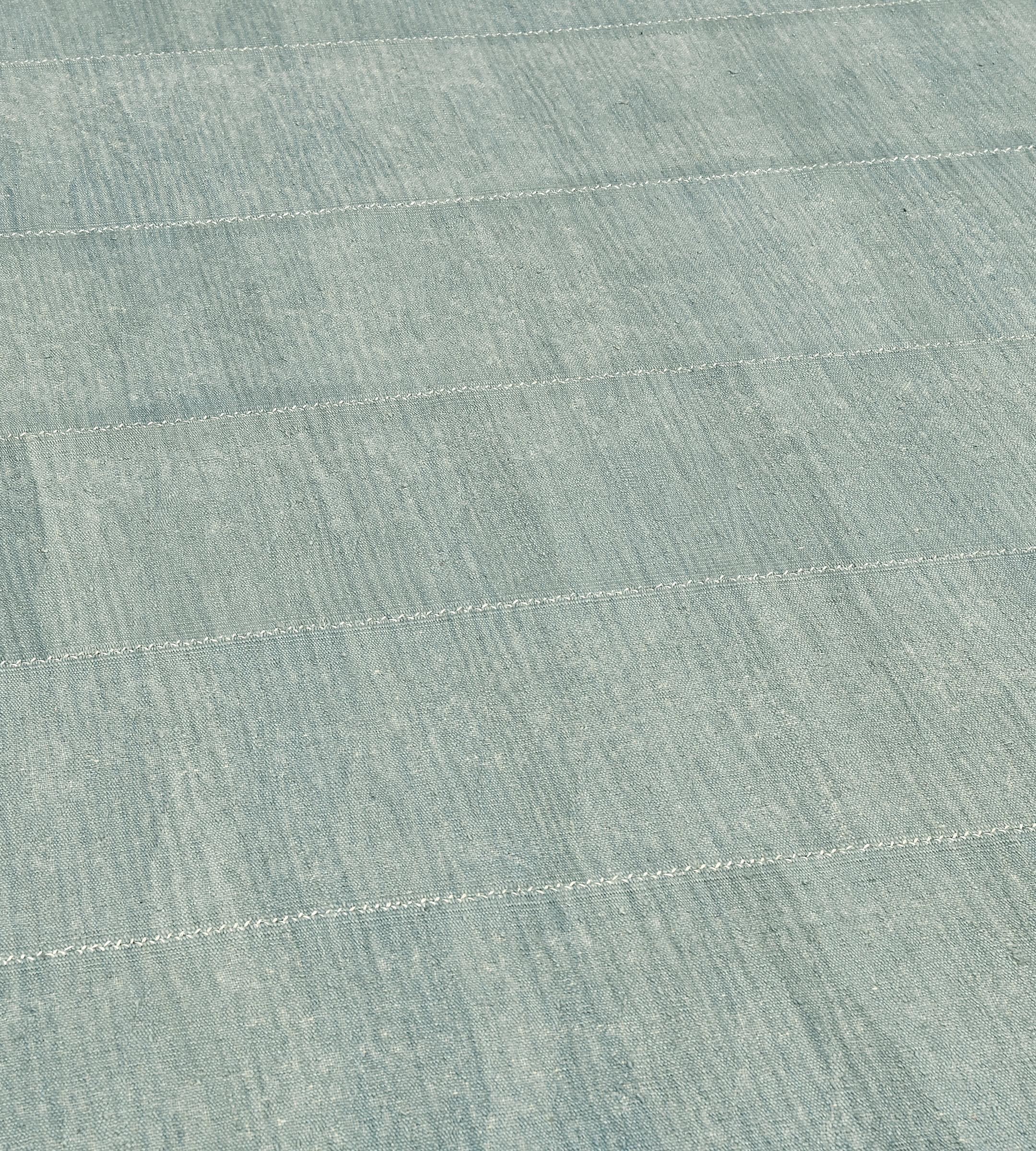 Contemporary Hand-Knotted Teal Wool Kilim Rug For Sale 2