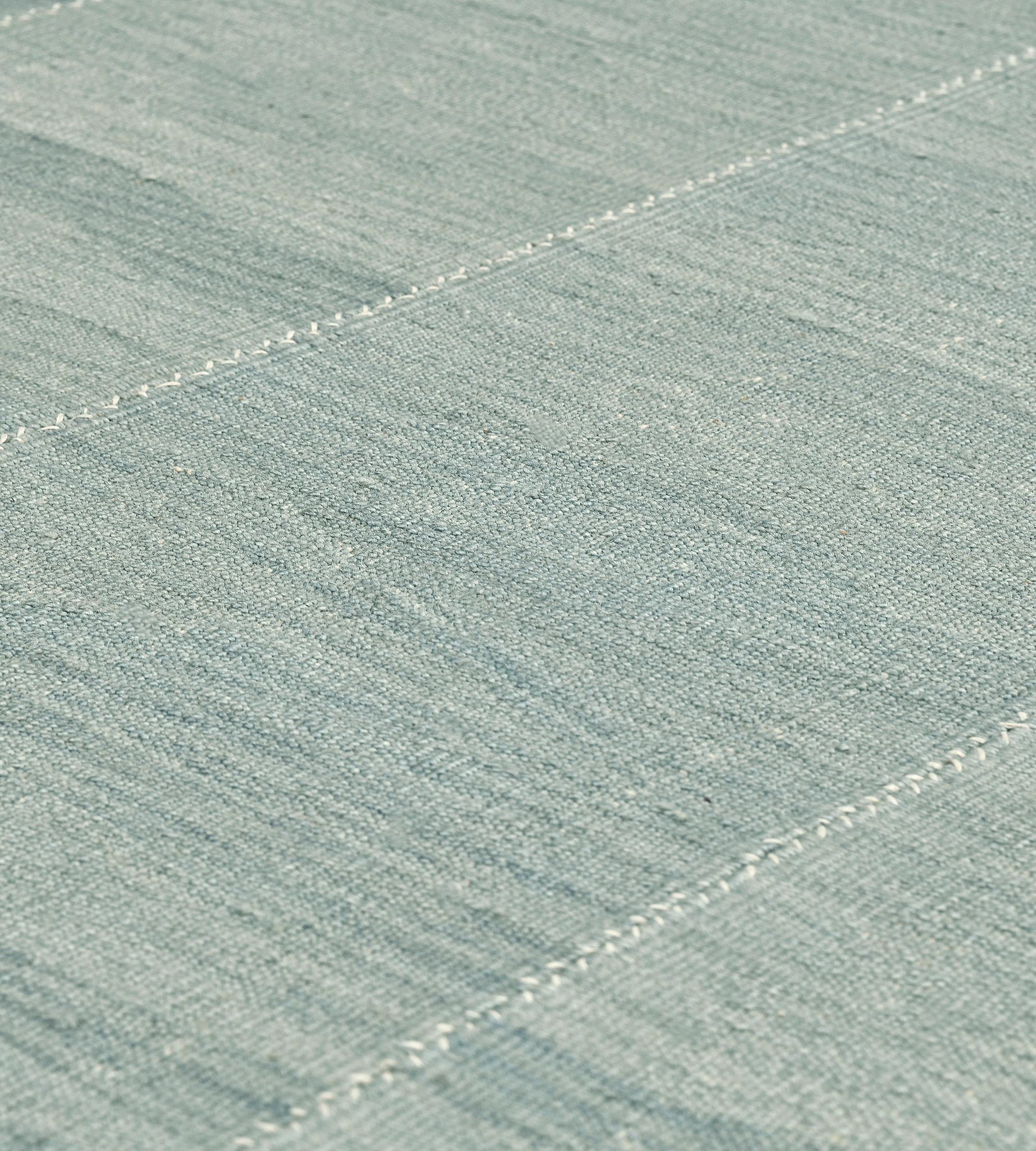 Contemporary Hand-Knotted Teal Wool Kilim Rug For Sale 3
