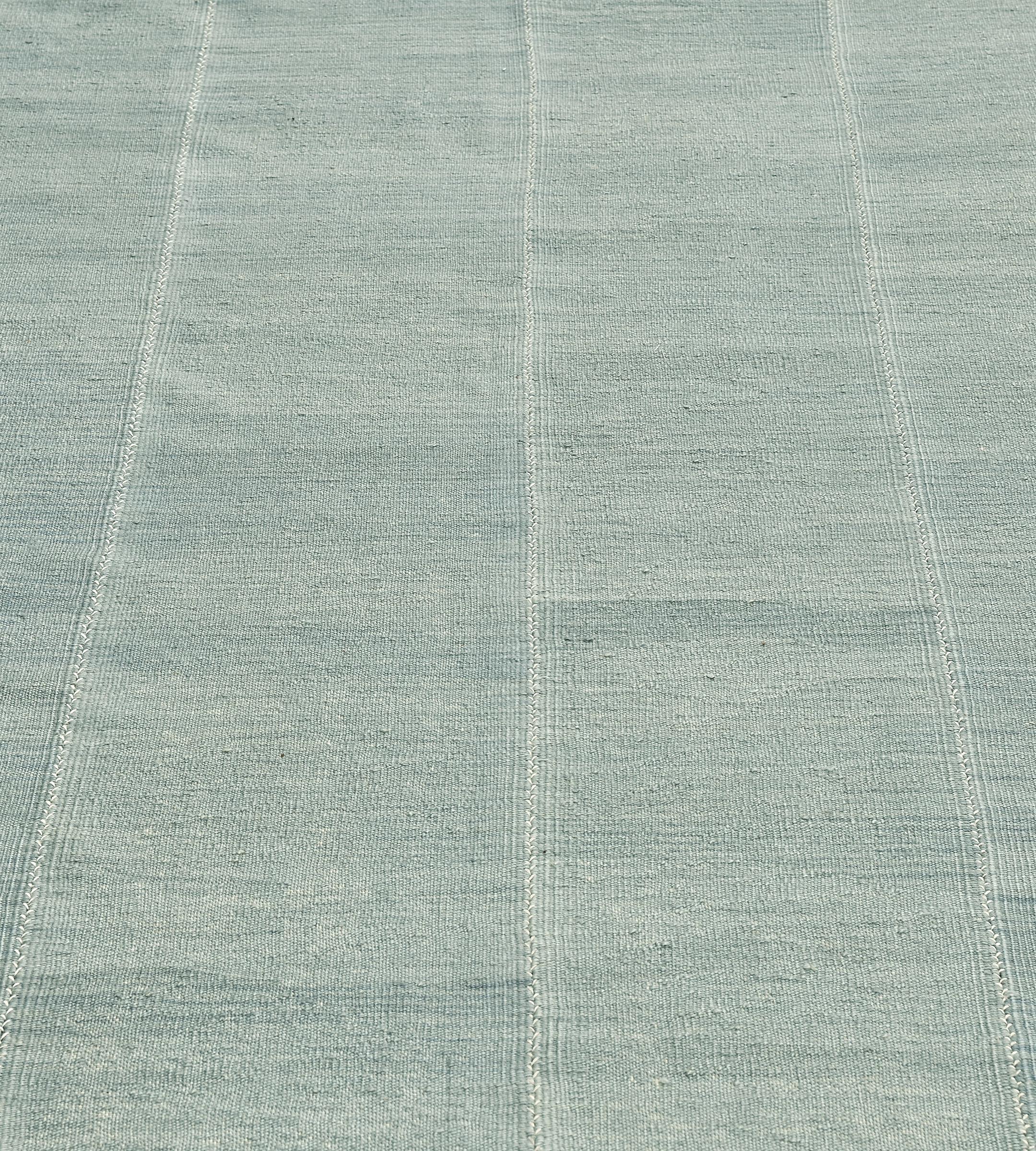 Contemporary Hand-Knotted Teal Wool Kilim Rug For Sale 4