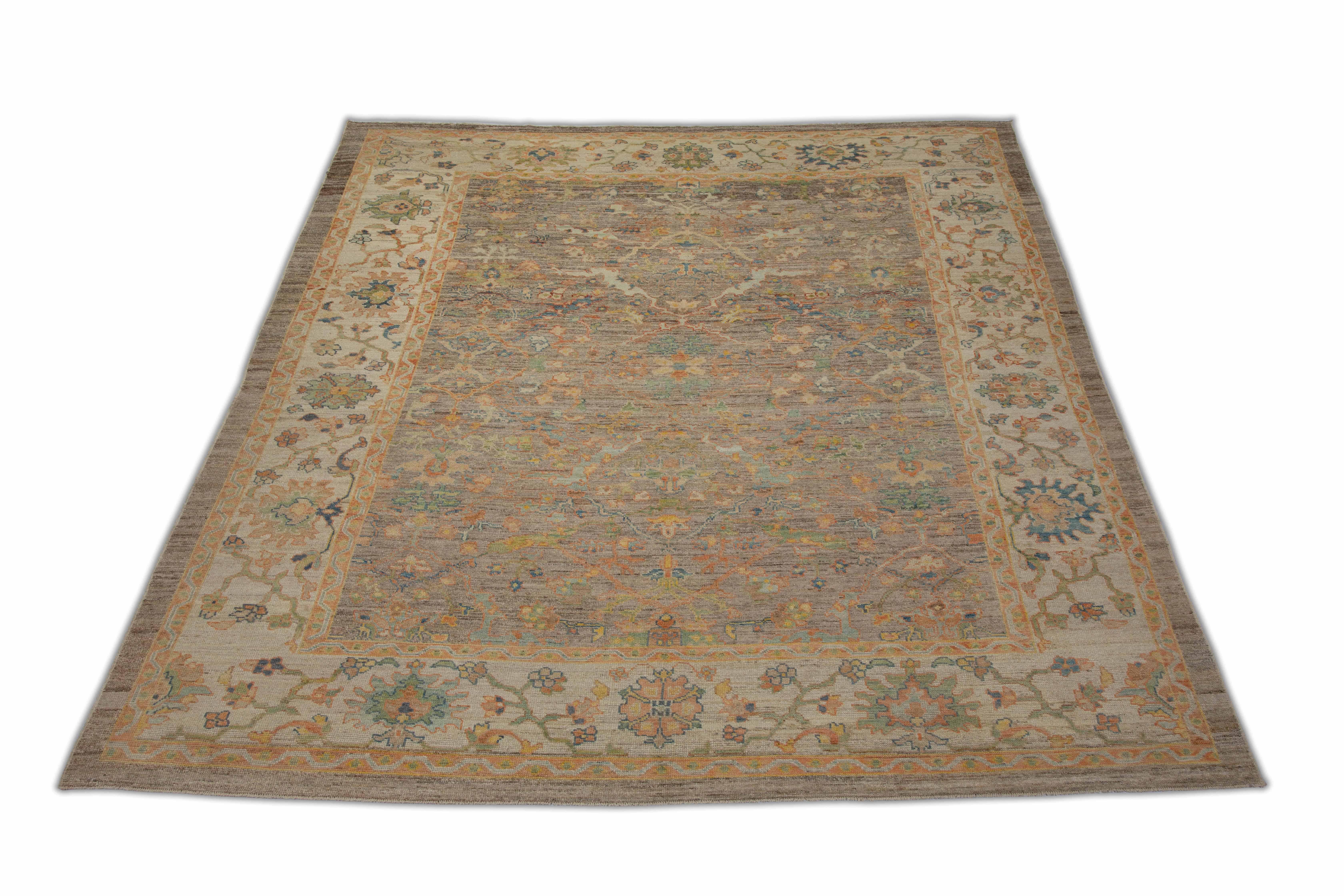 Wool Contemporary Hand Knotted Turkish Rug Oushak Weave with Floral Design Details For Sale