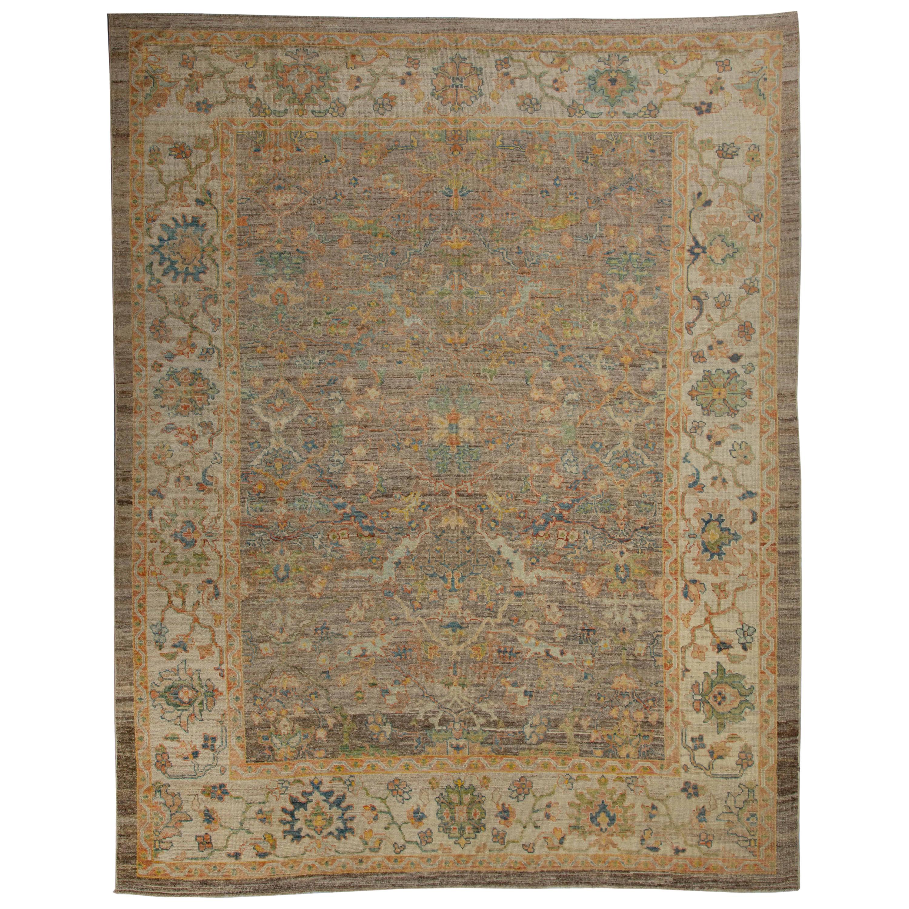 Contemporary Hand Knotted Turkish Rug Oushak Weave with Floral Design Details For Sale