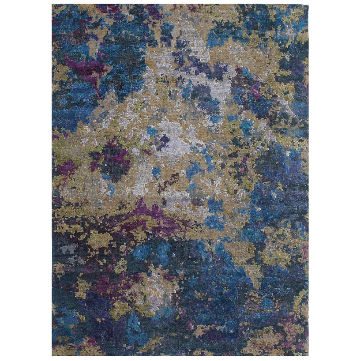 Postmodern Organic Blue Green Purple Hand-Knotted Wool and Silk Rug in Stock