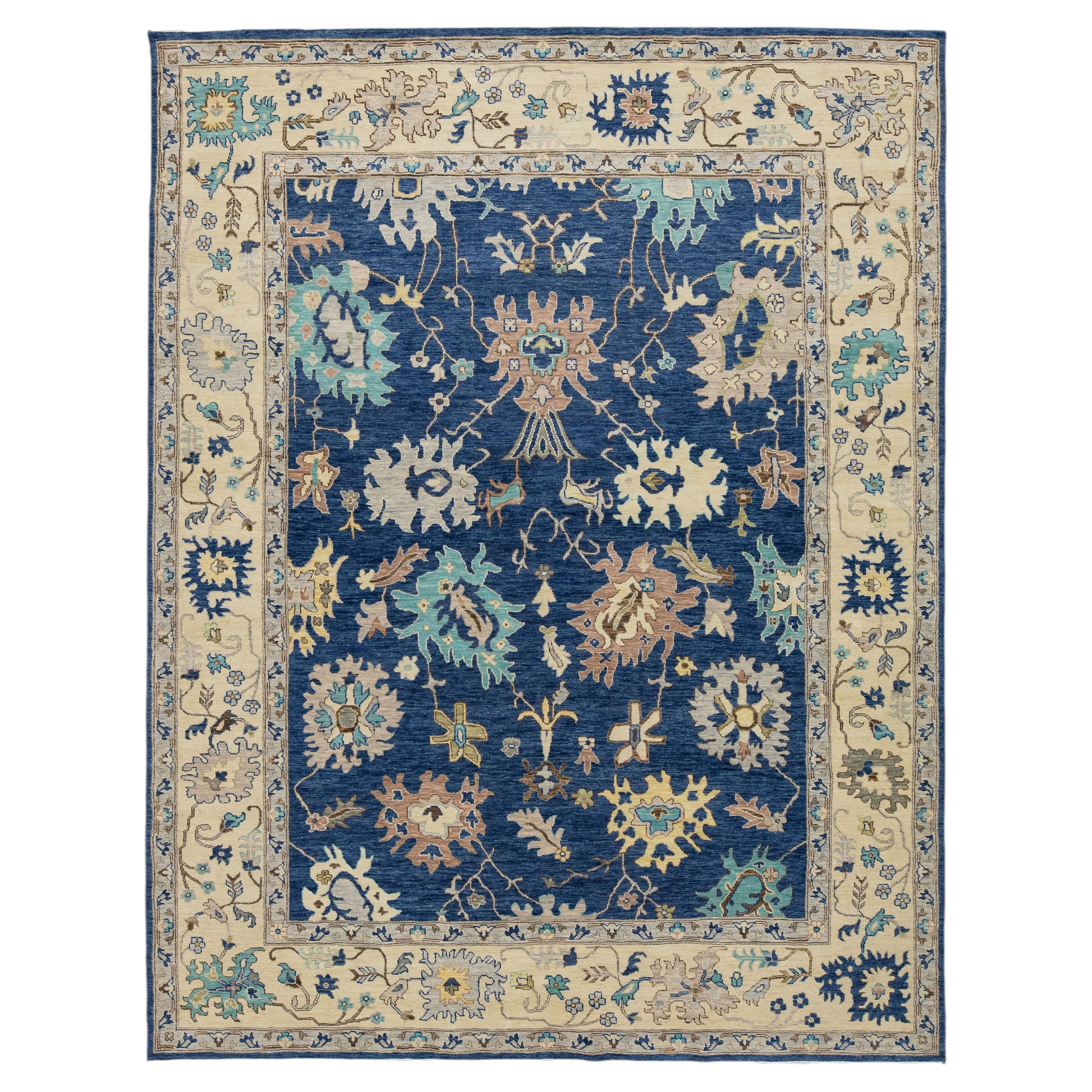 Contemporary Hand-Knotted Wool Modern Oushak Style Area Rug in Indigo Blue