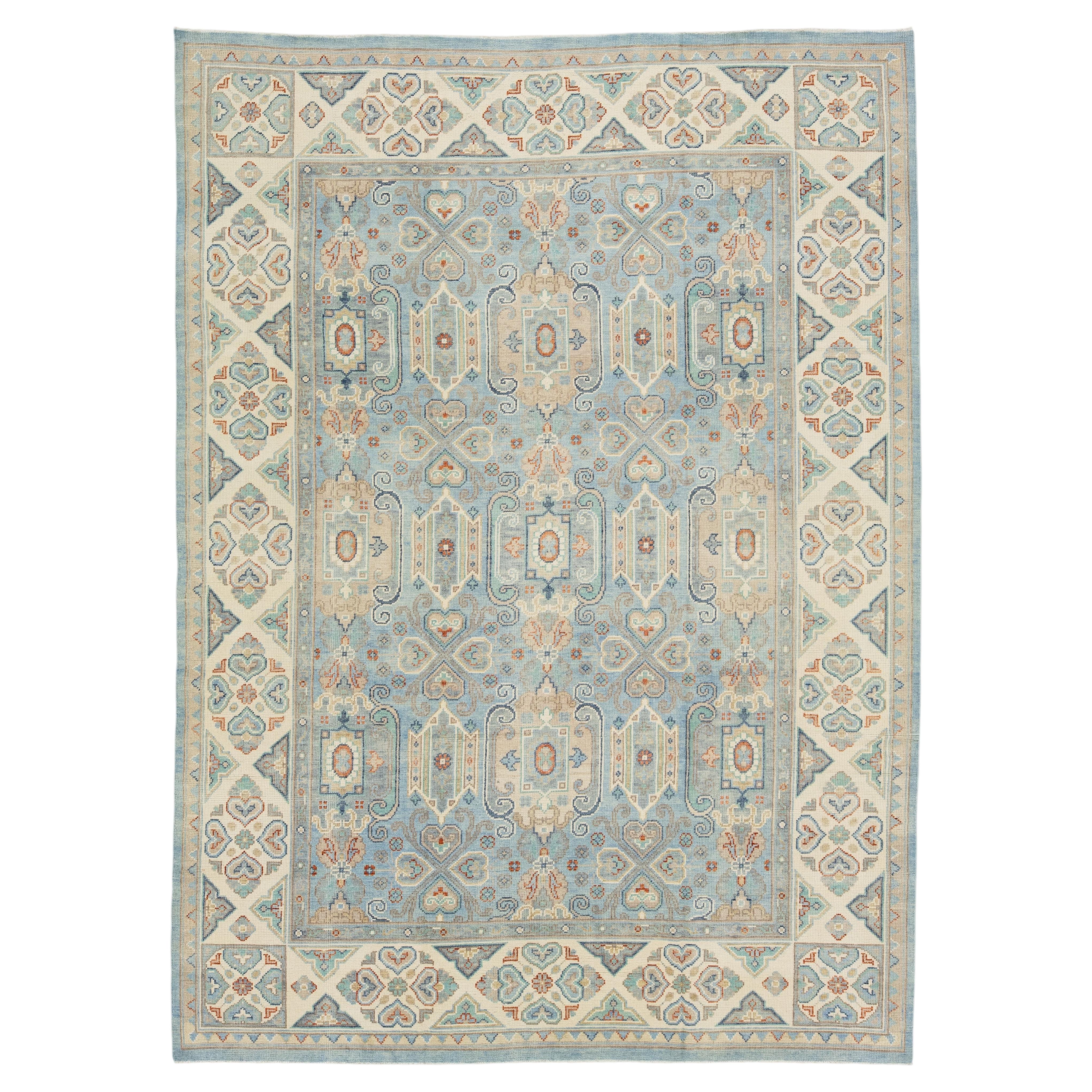 Contemporary Hand-Knotted Wool Oushak Style Area Rug in Sky Blue and Ivory