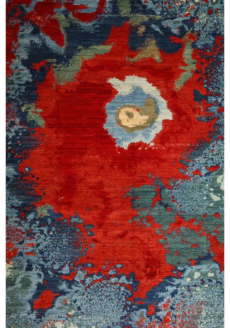 Modern Contemporary Hand-Knotted Wool Rug, Volcanic Abstract Design, Red, Blue, 9x12 For Sale