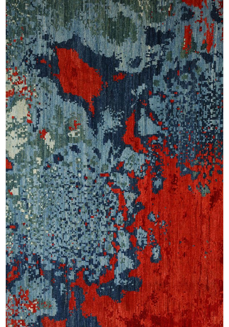 Persian Contemporary Hand-Knotted Wool Rug, Volcanic Abstract Design, Red, Blue, 9x12 For Sale