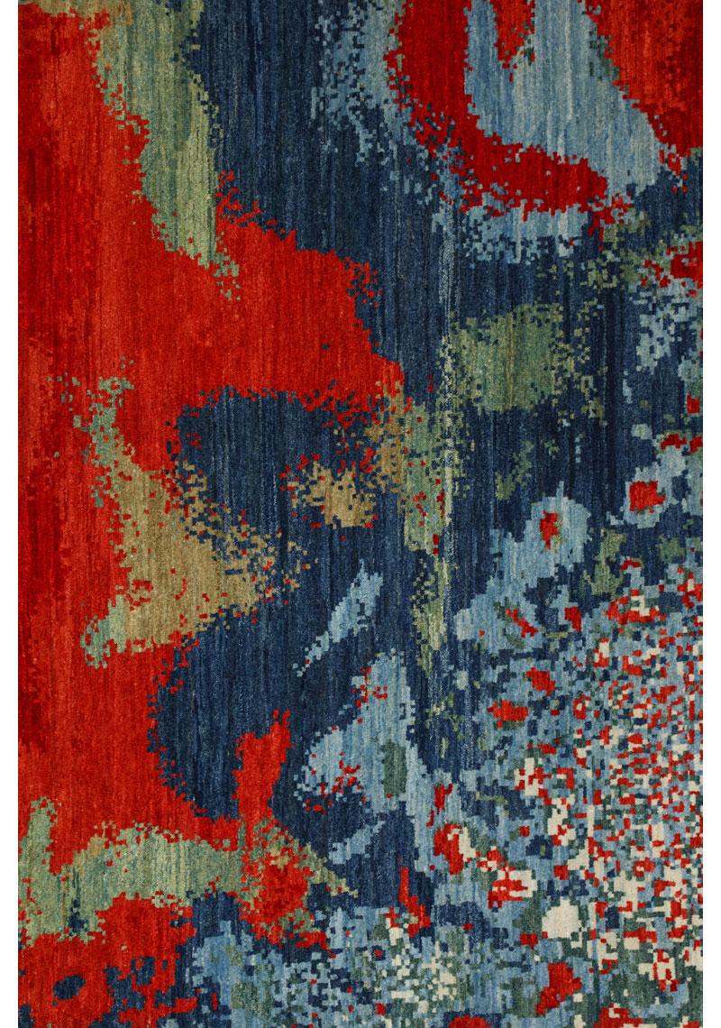 Vegetable Dyed Contemporary Hand-Knotted Wool Rug, Volcanic Abstract Design, Red, Blue, 9x12 For Sale
