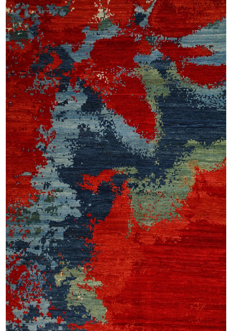 Contemporary Hand-Knotted Wool Rug, Volcanic Abstract Design, Red, Blue, 9x12 For Sale 1