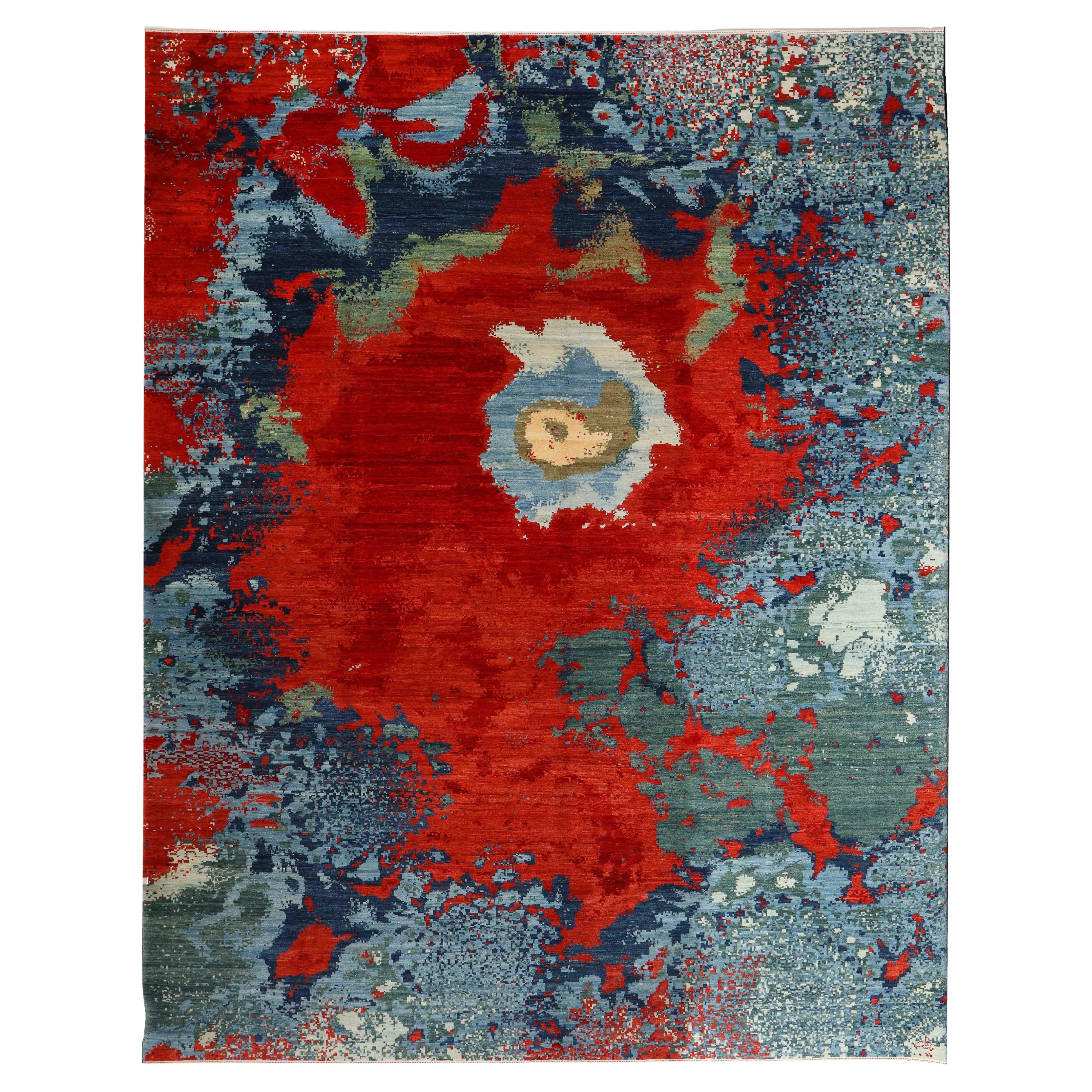Contemporary Hand-Knotted Wool Rug, Volcanic Abstract Design, Red, Blue, 9x12