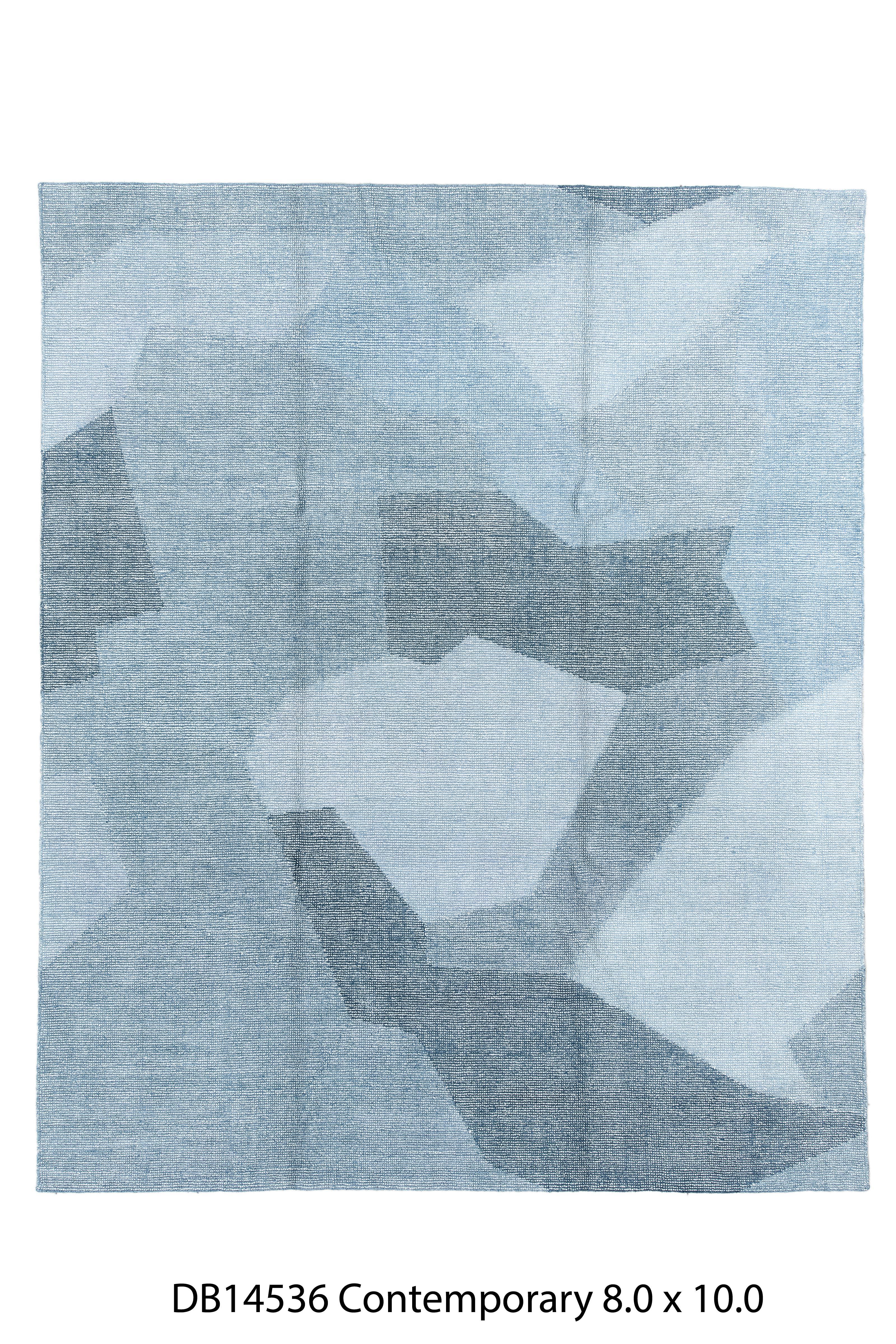 Alfombra contemporánea hecha a mano - Diseño geométrico abstracto en azul hielo y pizarra