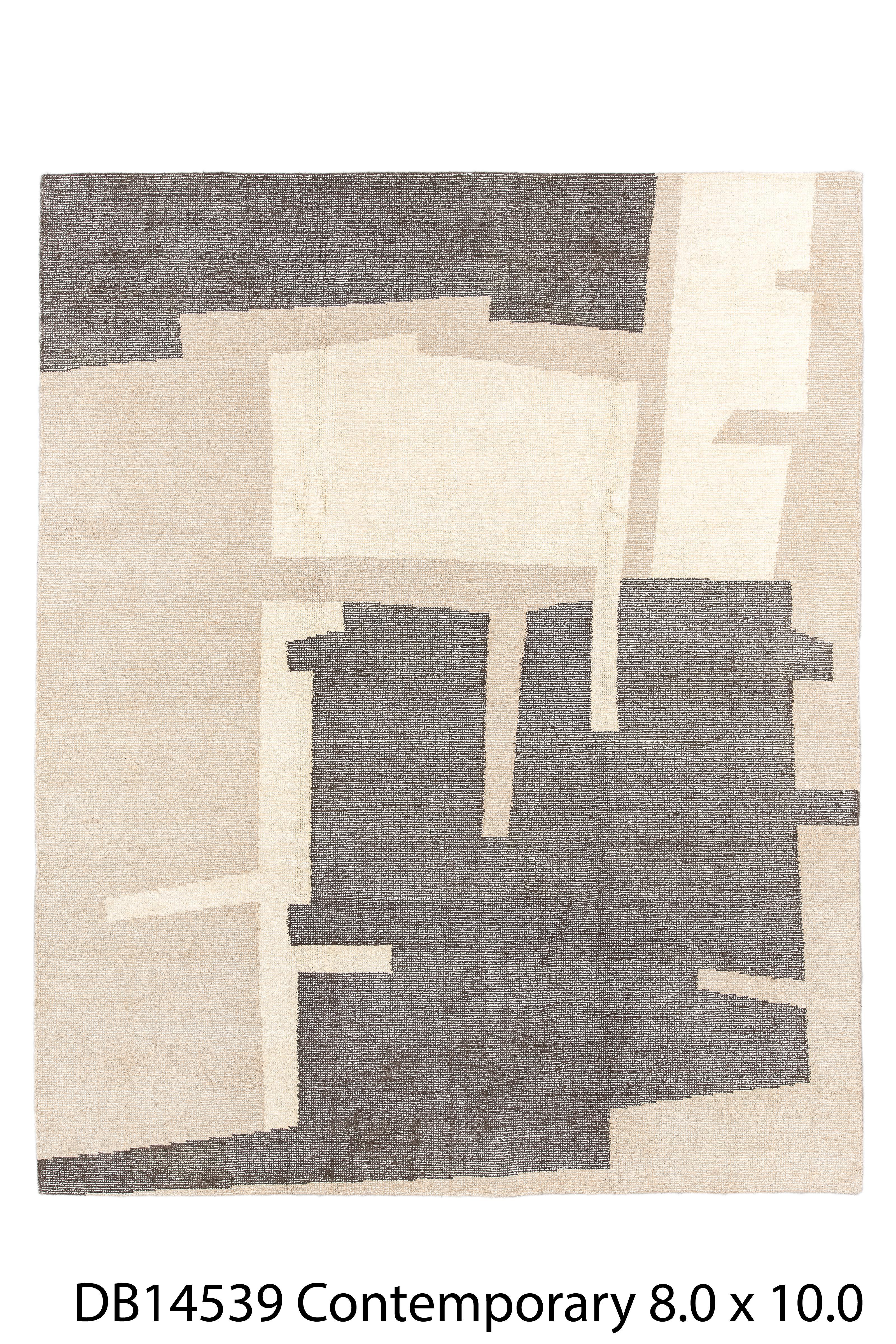 Contemporary Hand-Loomed Rug - Architectural Block Design in Anthrazit und Creme