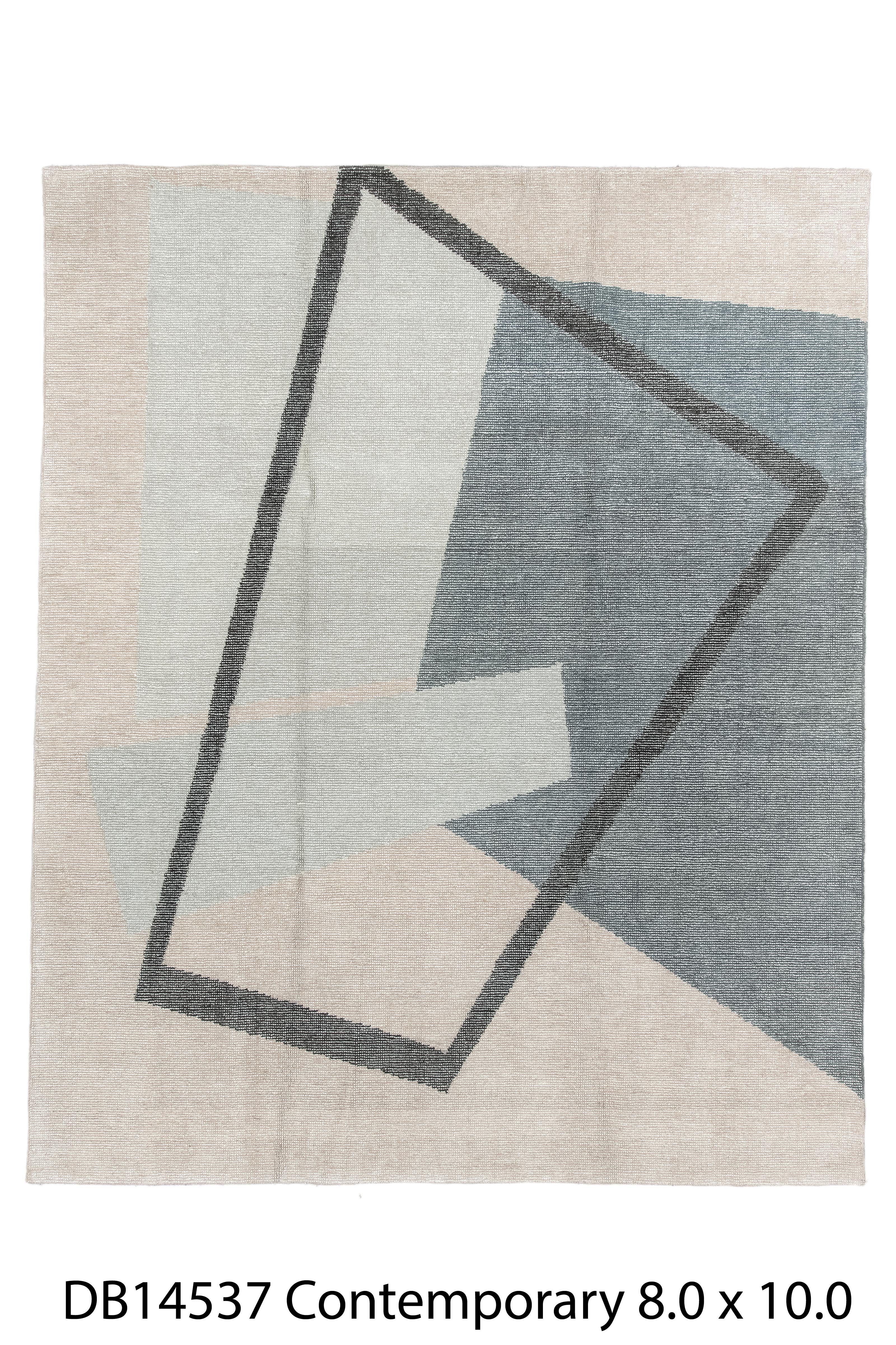 Contemporary Hand-Loomed Rug - Gerahmte geometrische Komposition in kühlen Neutraltönen im Angebot