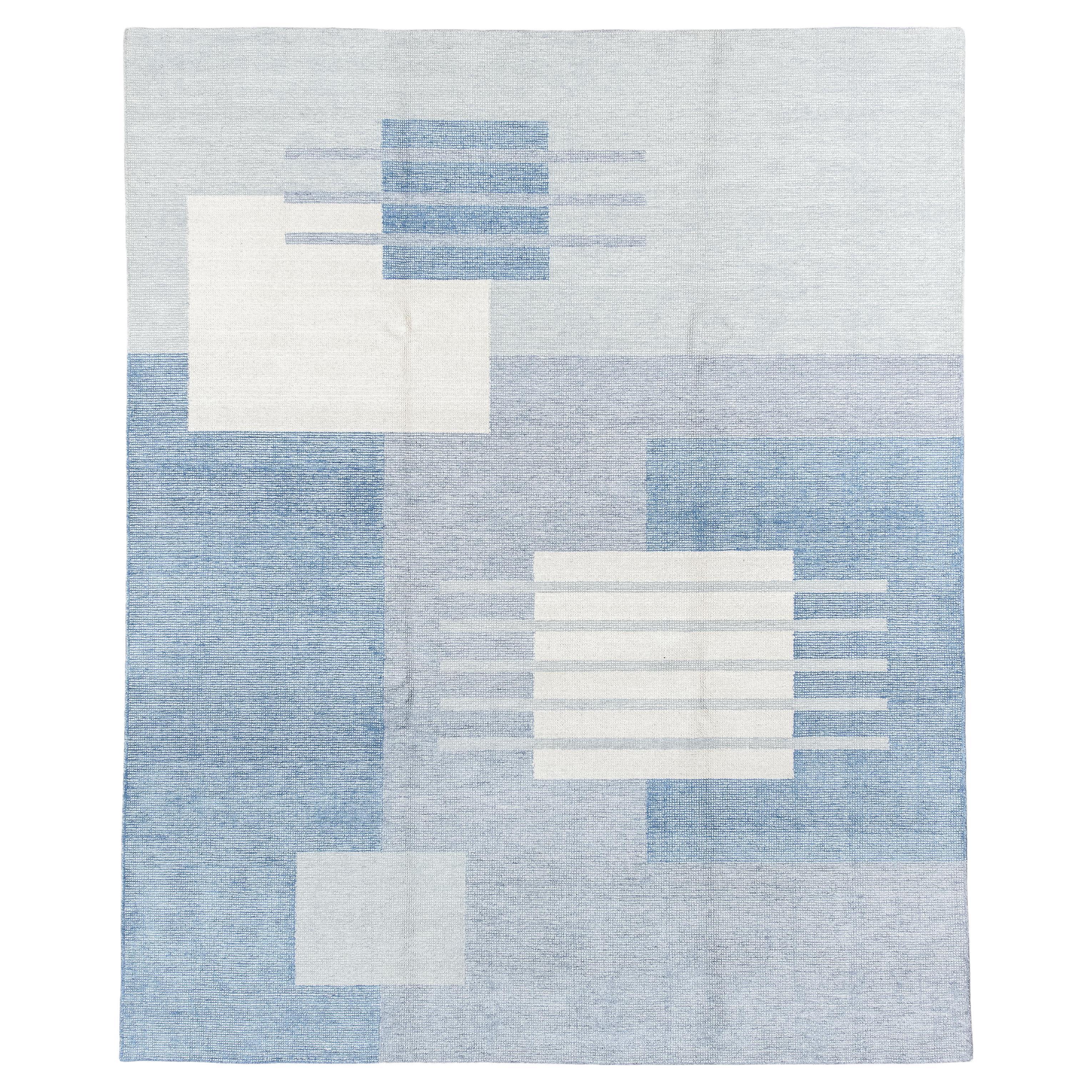 Contemporary Hand-Loomed Rug – Linear Grid Design in Sky Blue and Ivory