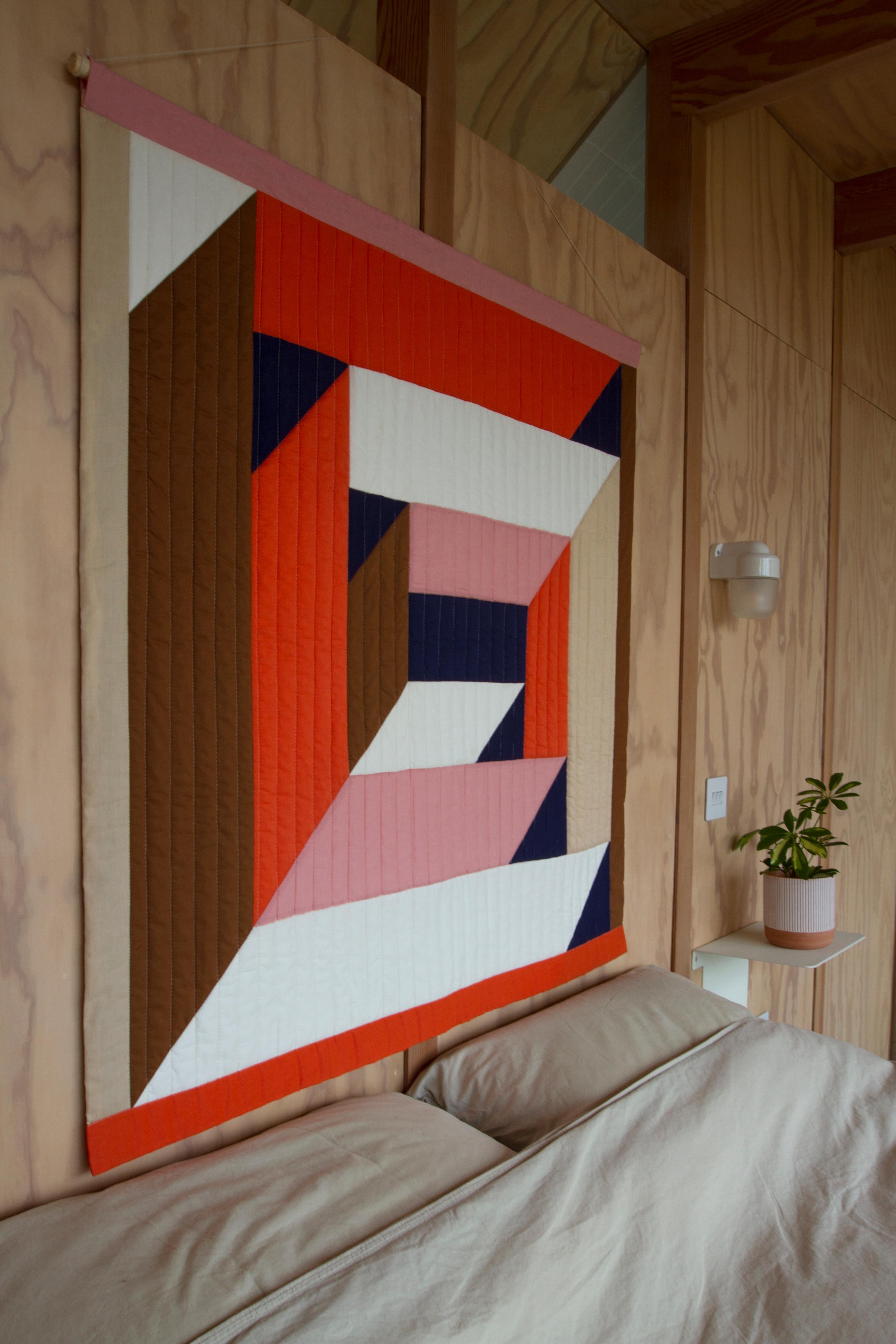 Organic Modern Contemporary hand made patchwork and quilted wall hanging from Organic cotton For Sale