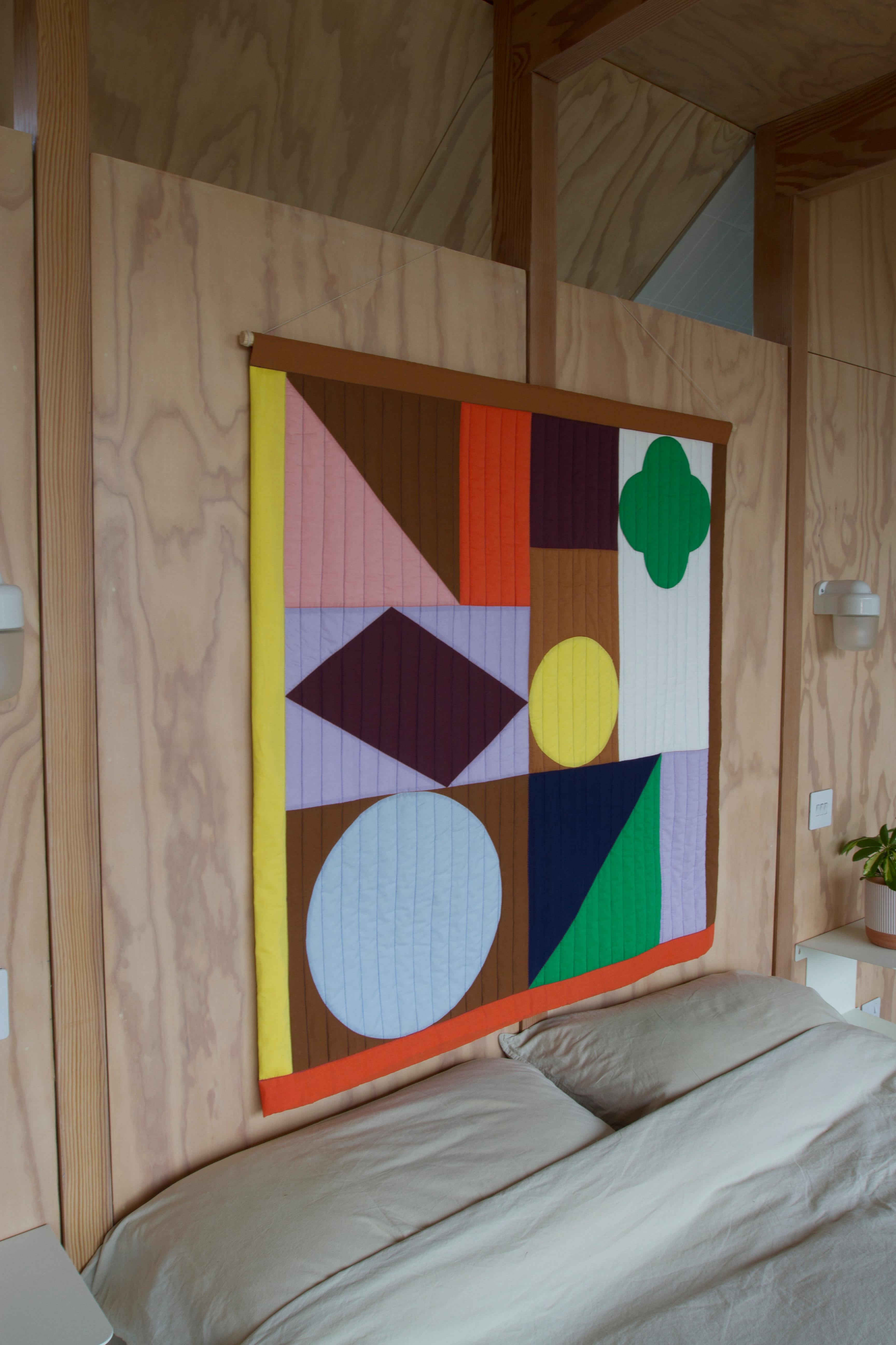 Organic Modern Contemporary hand made patchwork and quilted wall hanging, Organic cotton For Sale