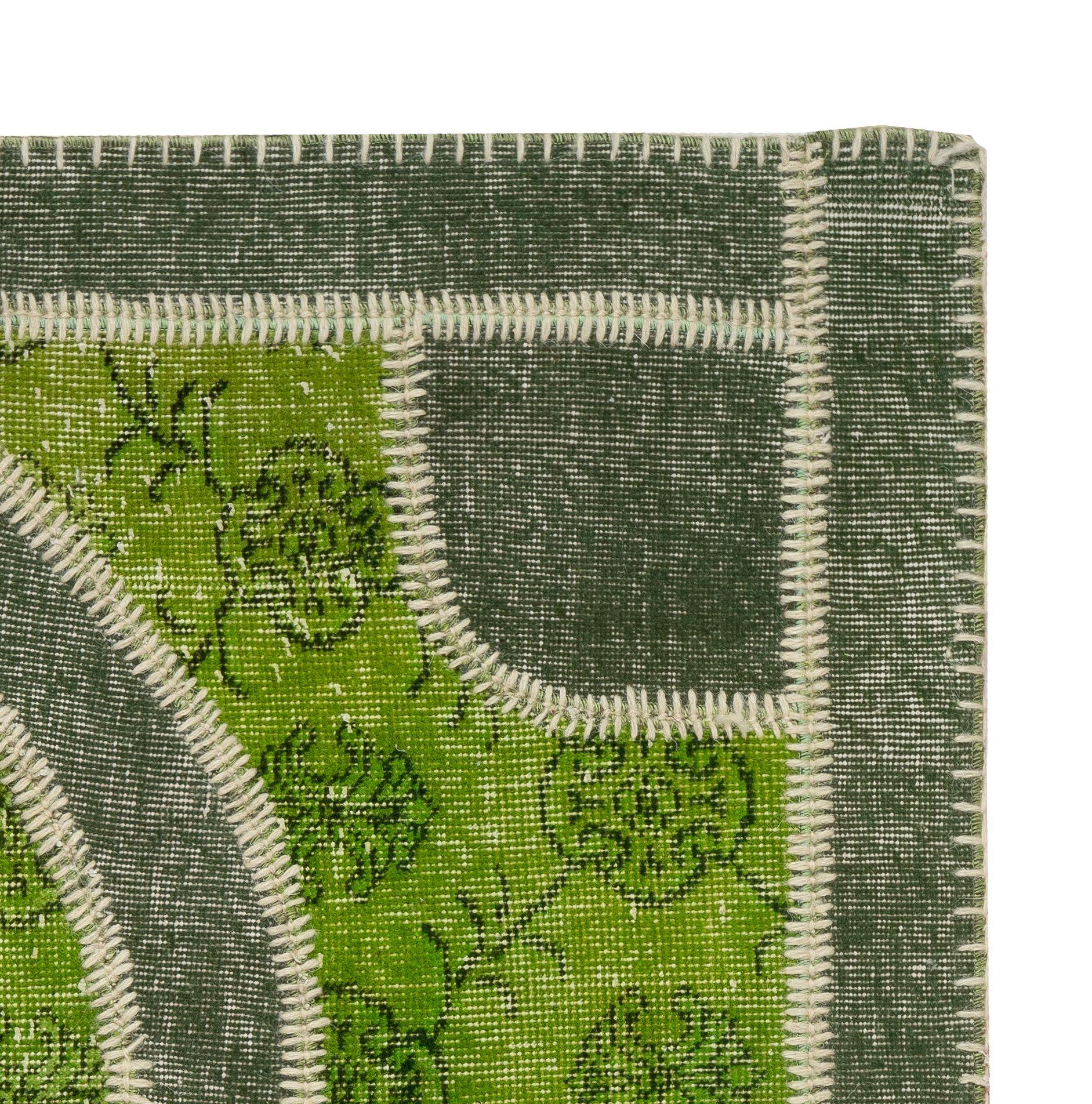 Modern Handmade Patchwork Rug in Shades of Green. Living Room Decor Woolen Carpet For Sale