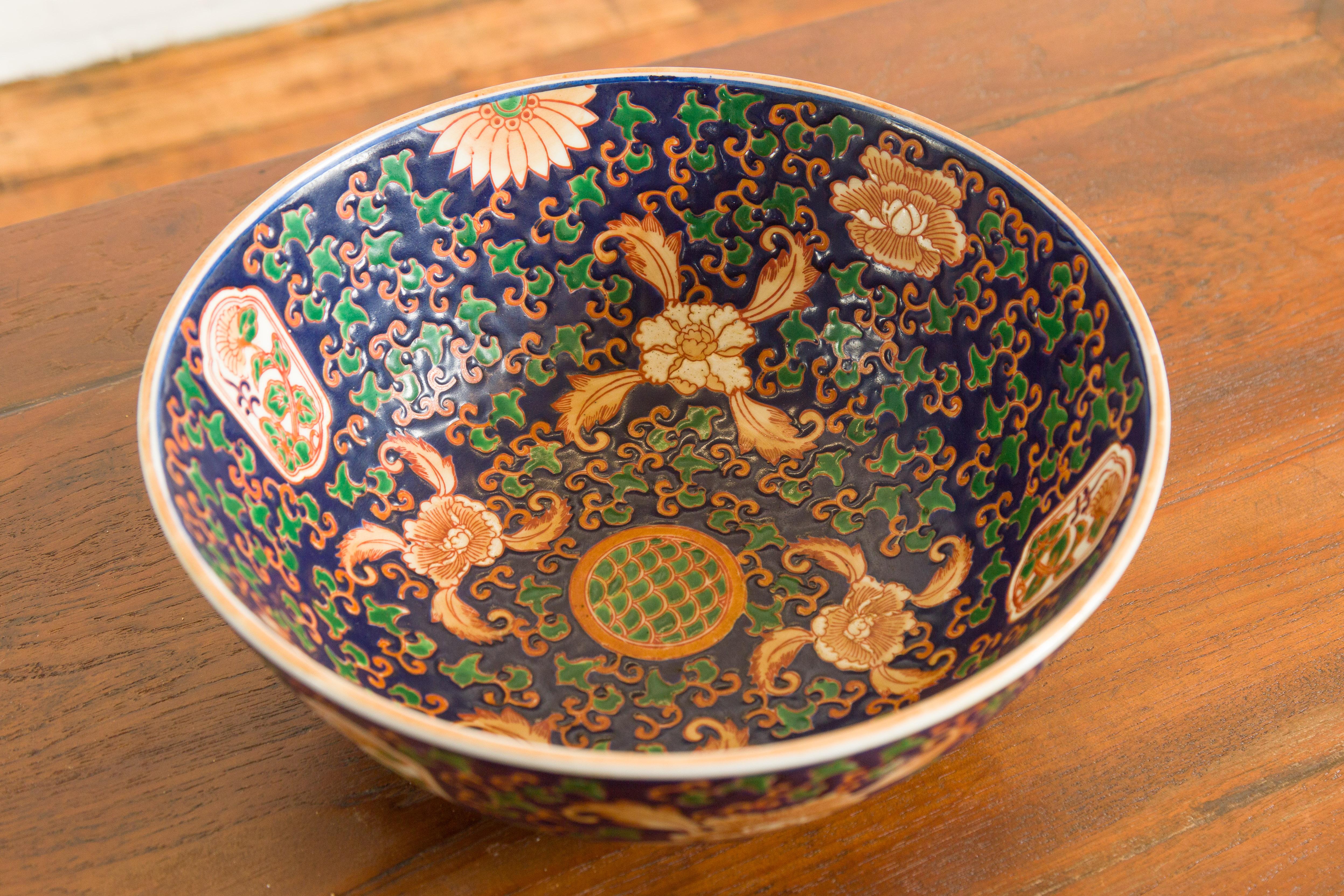Contemporary Hand Painted Chinese Floral Decor Bowl with Cobalt Blue Ground For Sale 4