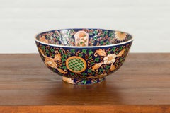 Hand Painted Floral Decor Bowl with Cobalt Blue Ground and Scrolling Motifs