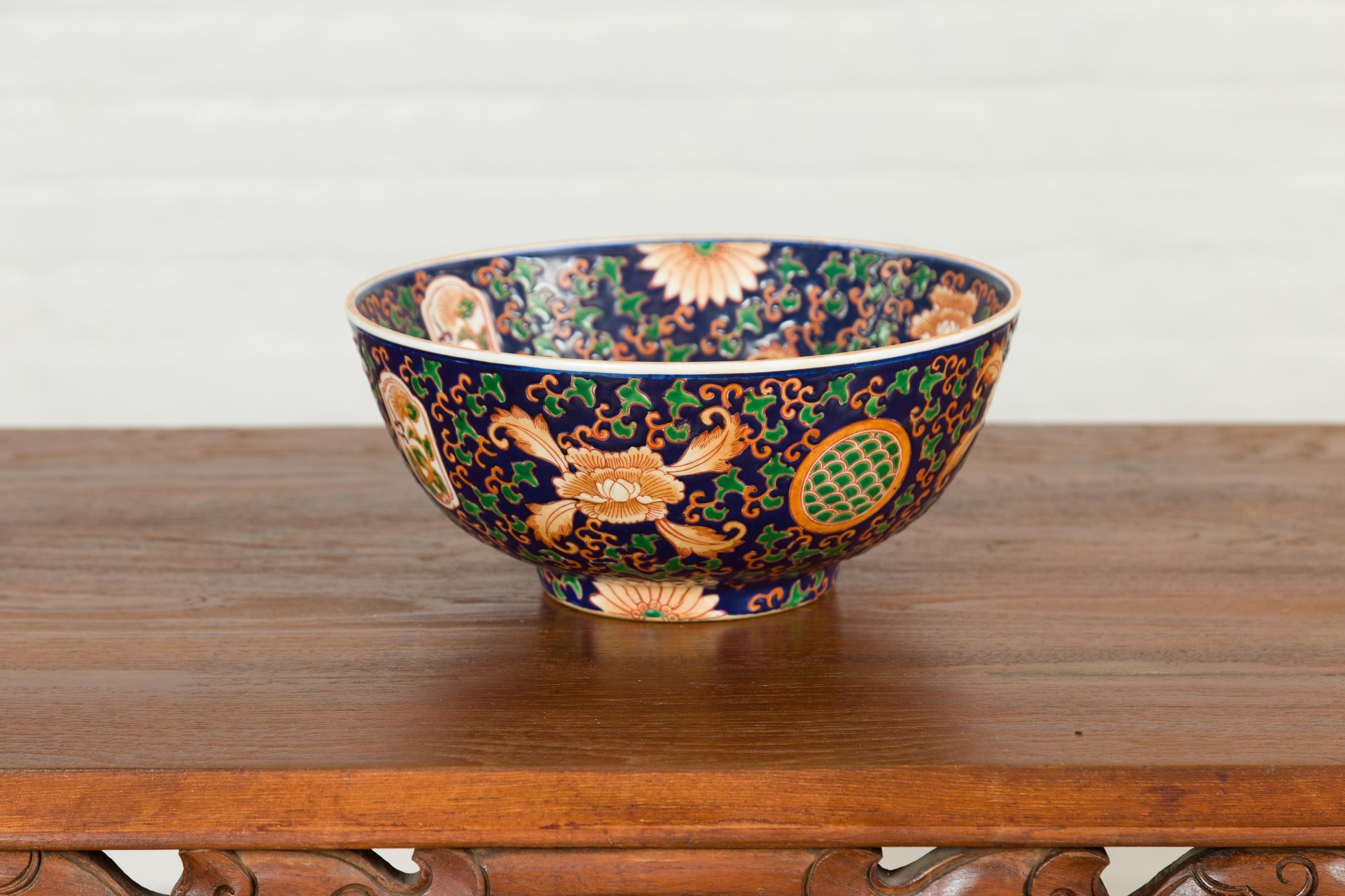Ceramic Contemporary Hand Painted Chinese Floral Decor Bowl with Cobalt Blue Ground For Sale