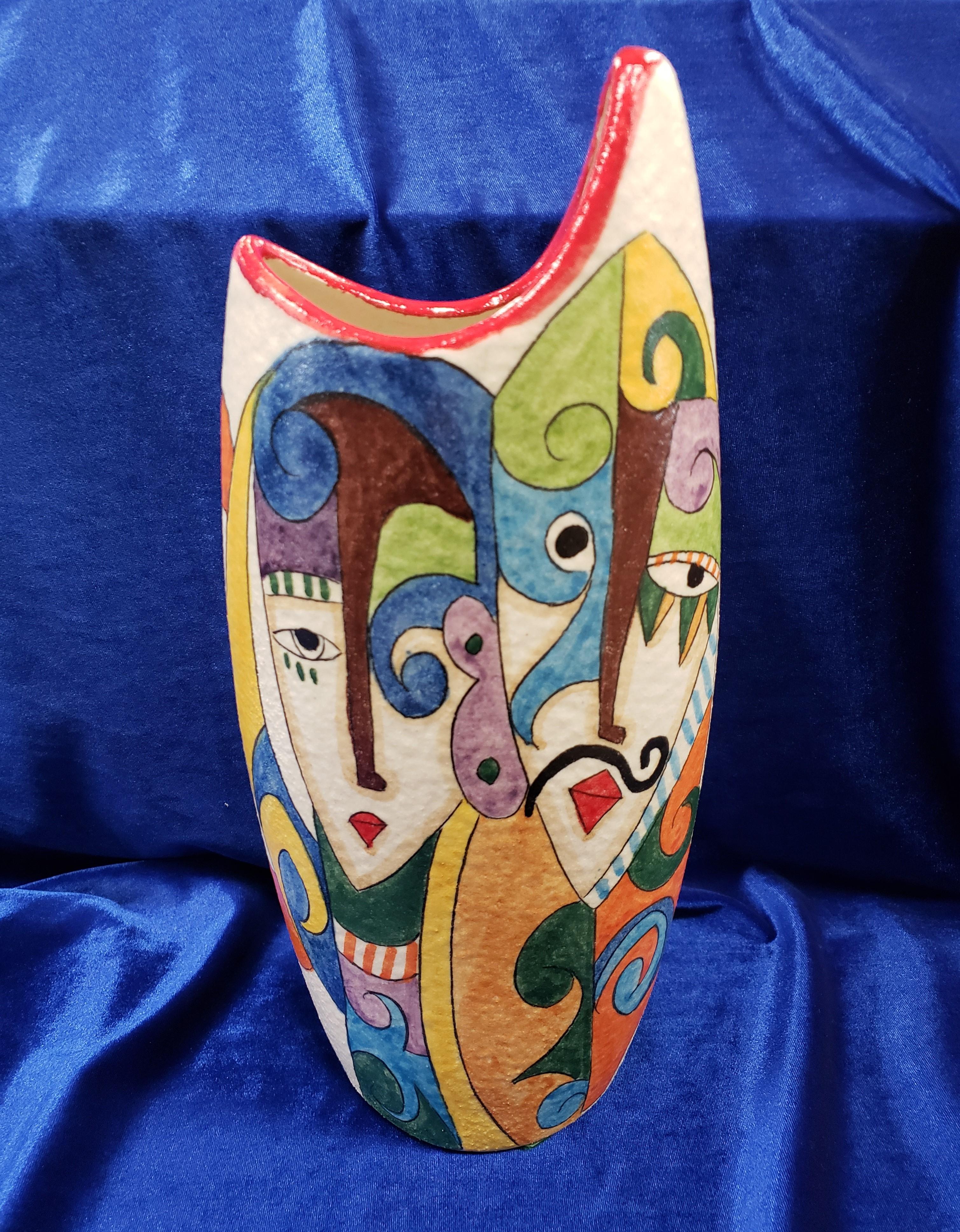 Contemporary hand painted Italian Picasso style vase. Signed Klaus.