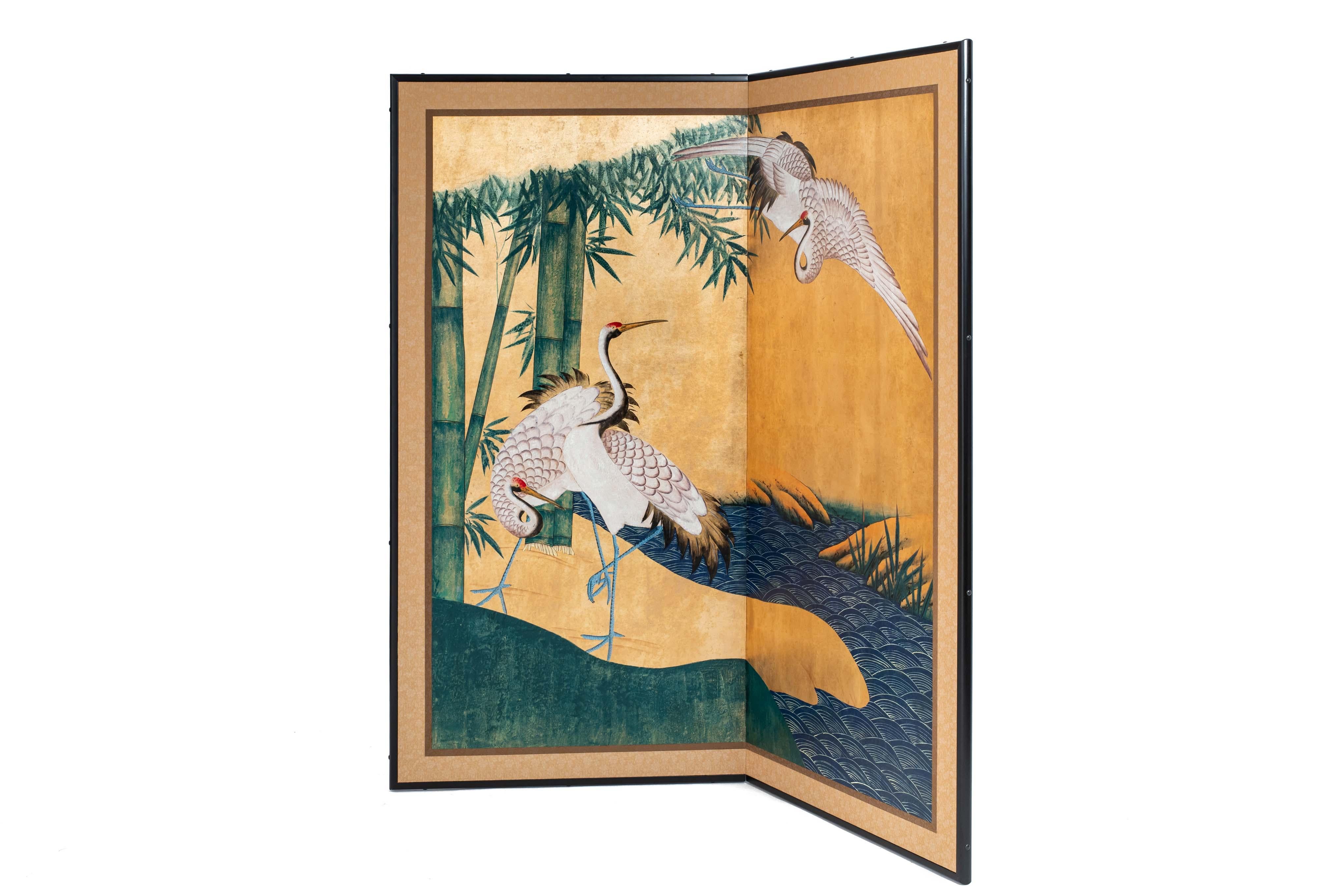 Contemporary Hand-Painted Japanese Screen of Cranes by the River (Chinesisch) im Angebot