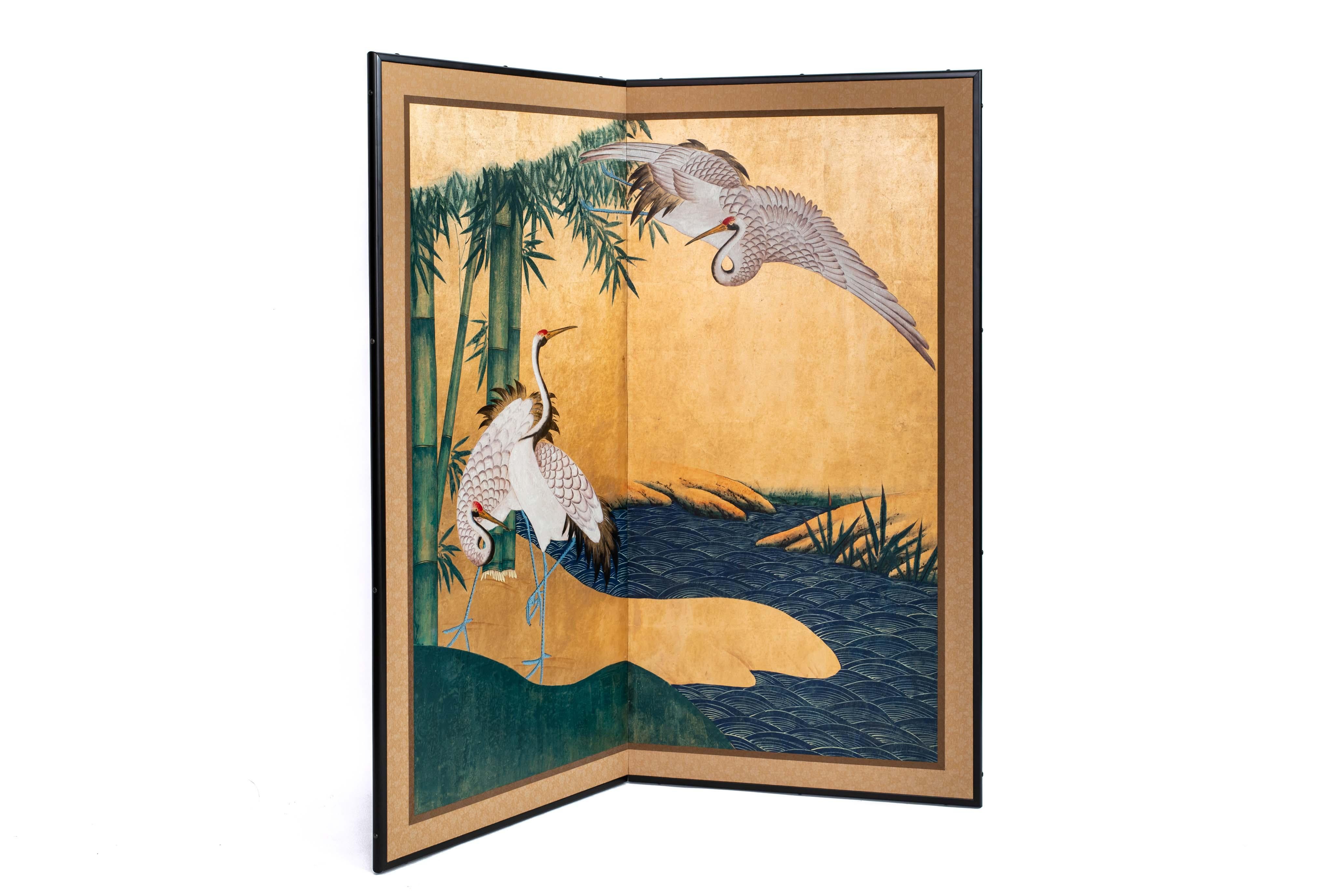 Hand-Crafted Contemporary Hand-Painted Japanese Screen of Cranes by the River