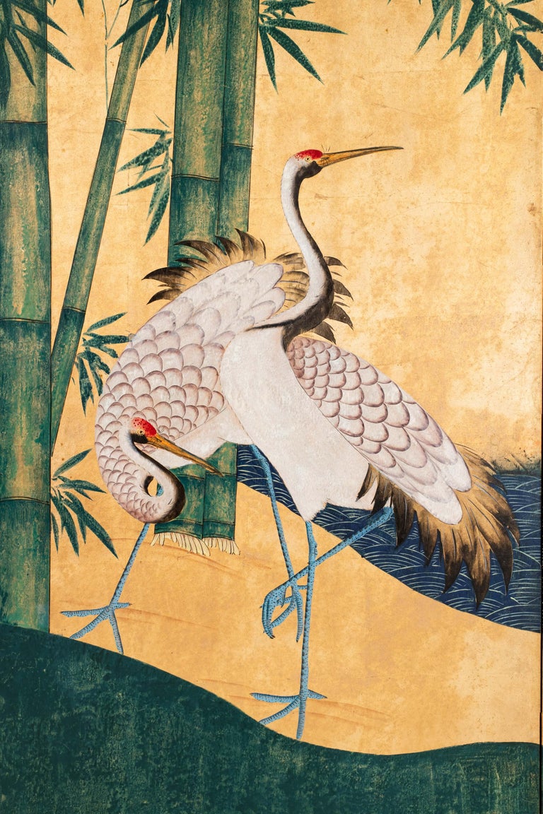 Contemporary HandPainted Japanese Screen of Cranes by the River at 1stDibs