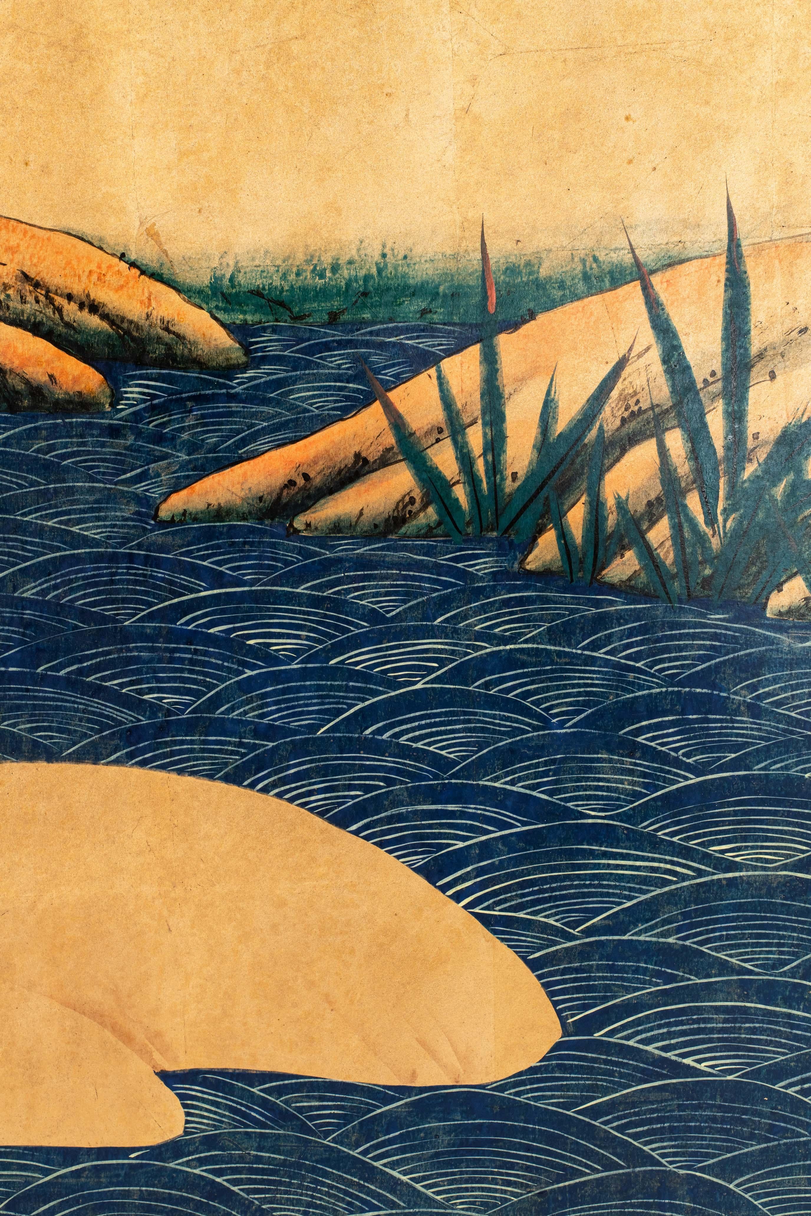 Contemporary Hand-Painted Japanese Screen of Cranes by the River (21. Jahrhundert und zeitgenössisch) im Angebot
