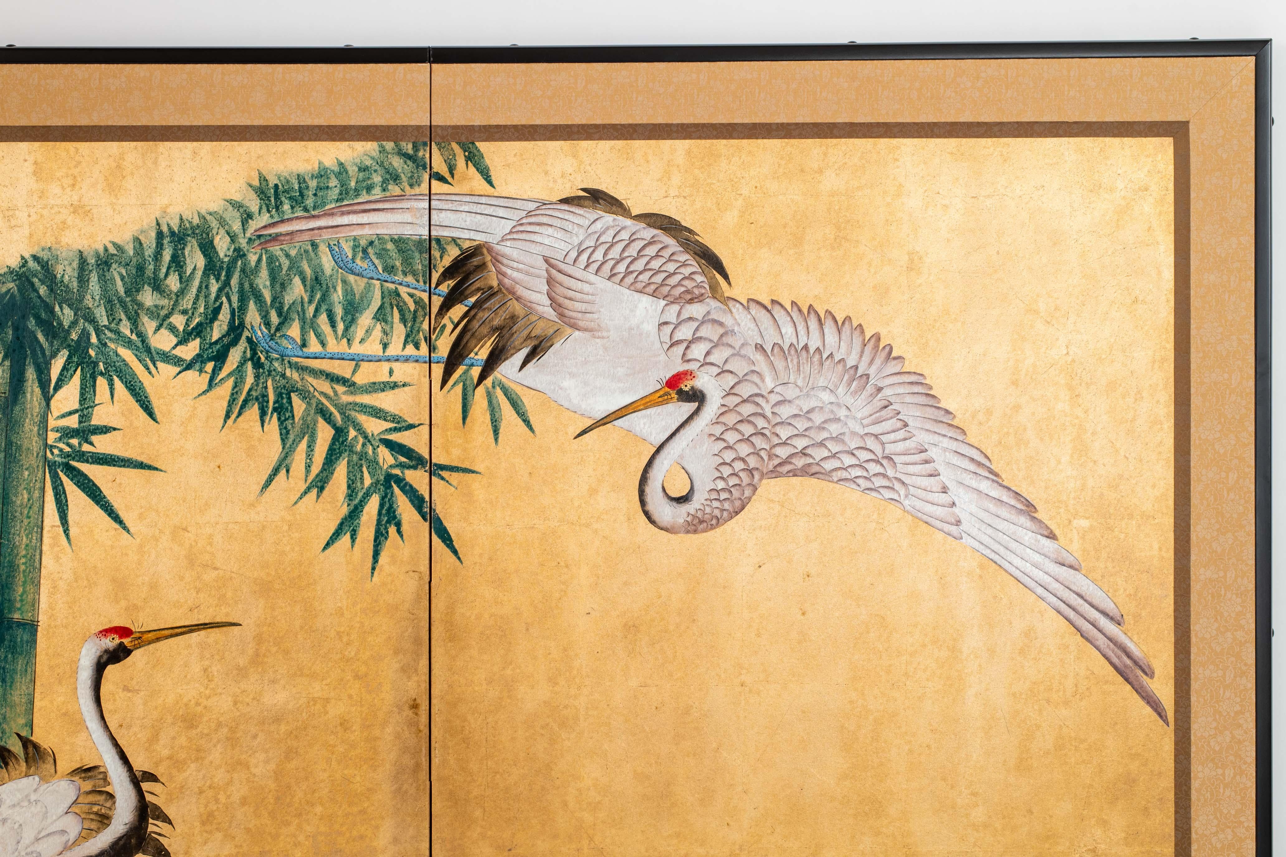 Gold Leaf Contemporary Hand-Painted Japanese Screen of Cranes by the River For Sale