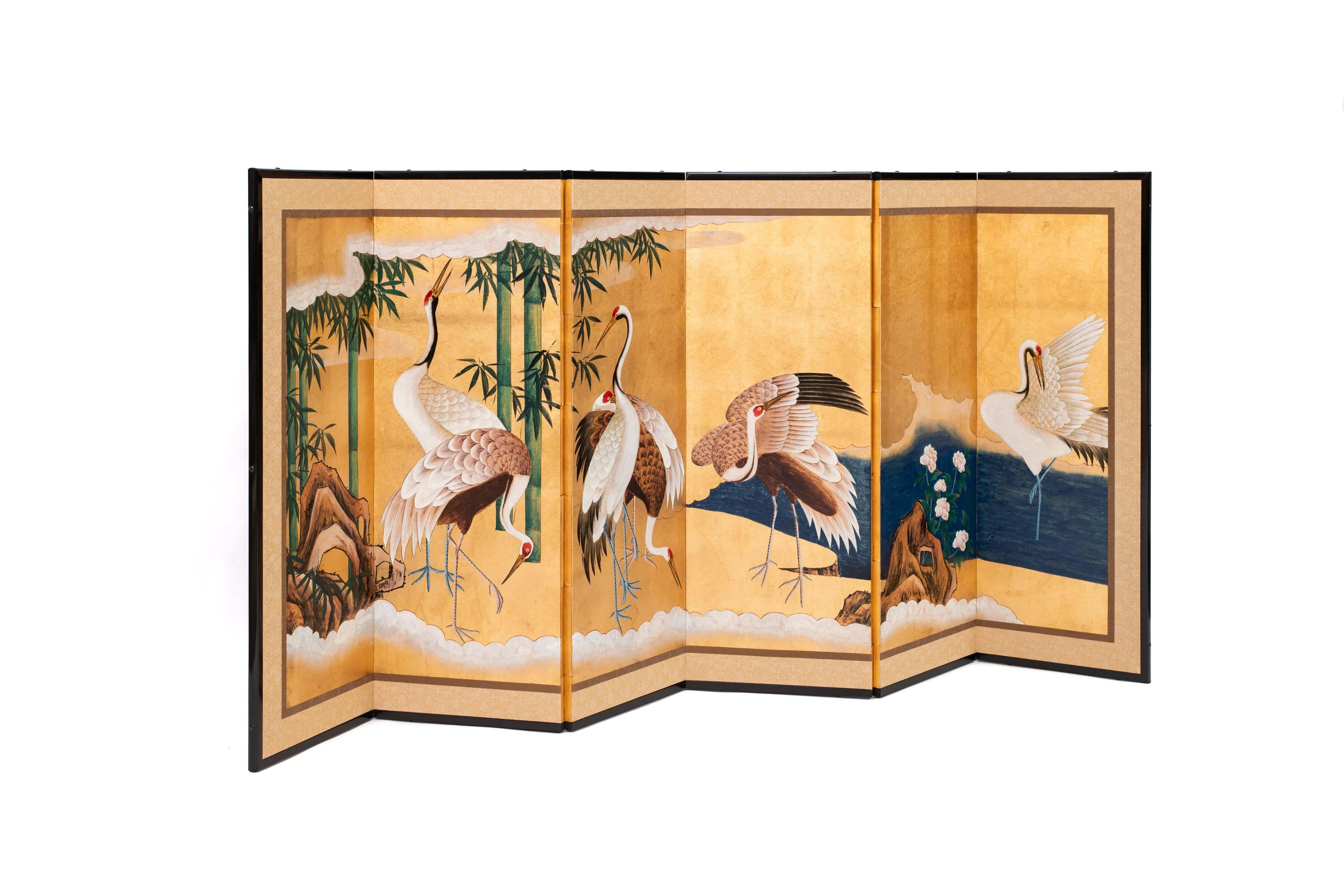 Contemporary Hand-Painted Japanese Screen of Gathering of Cranes 5