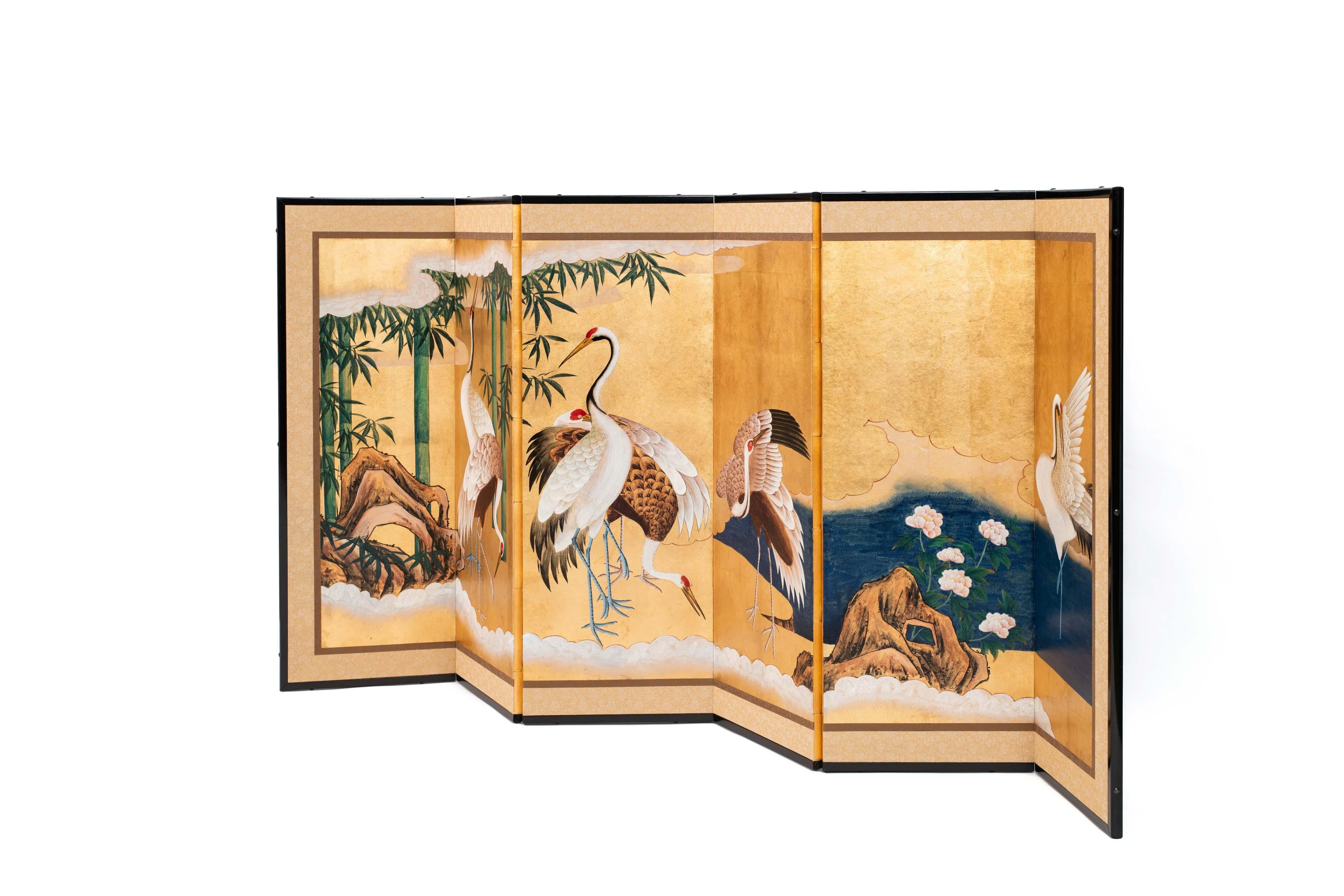Chinese Contemporary Hand-Painted Japanese Screen of Gathering of Cranes