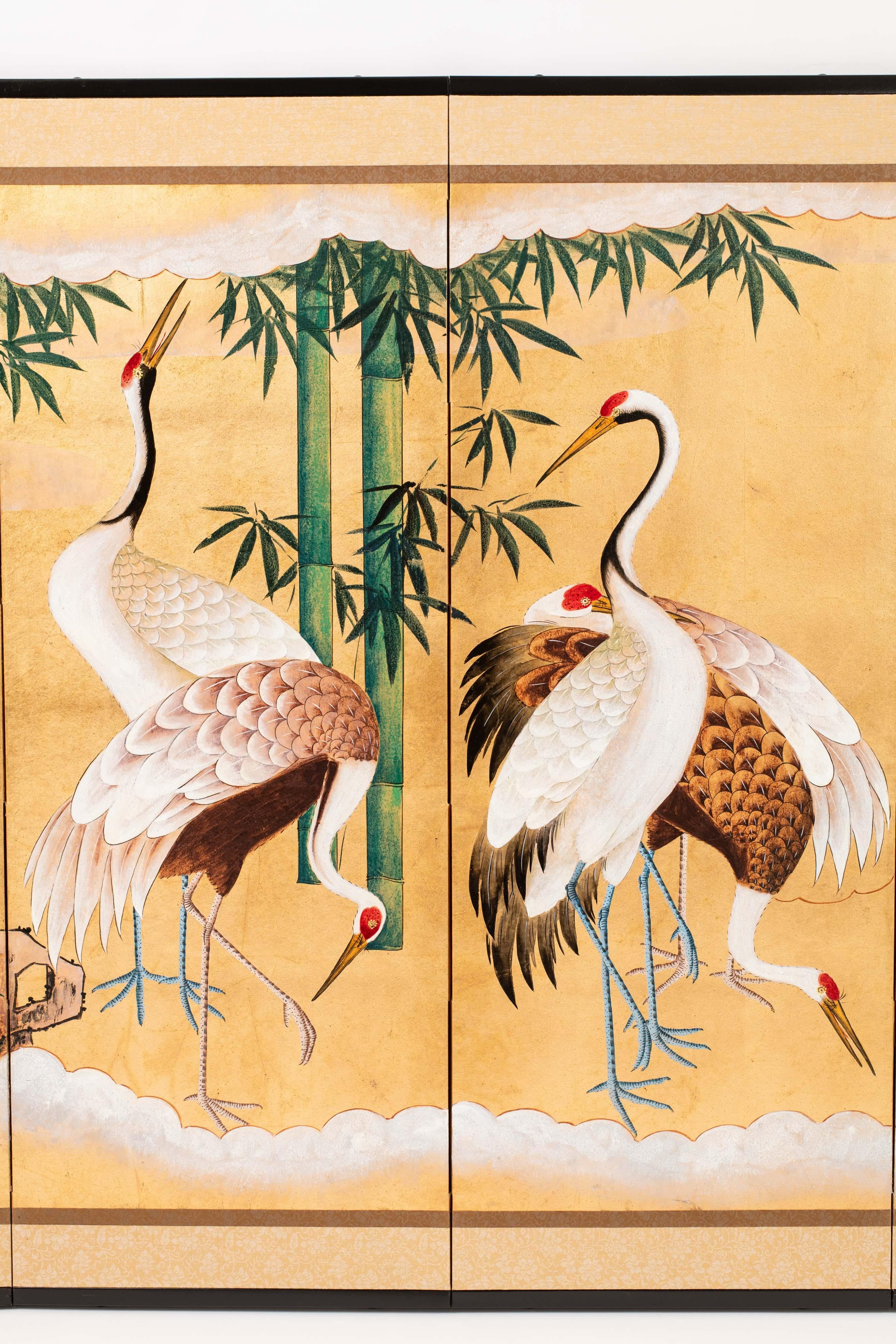 Contemporary Hand-Painted Japanese Screen of Gathering of Cranes 1