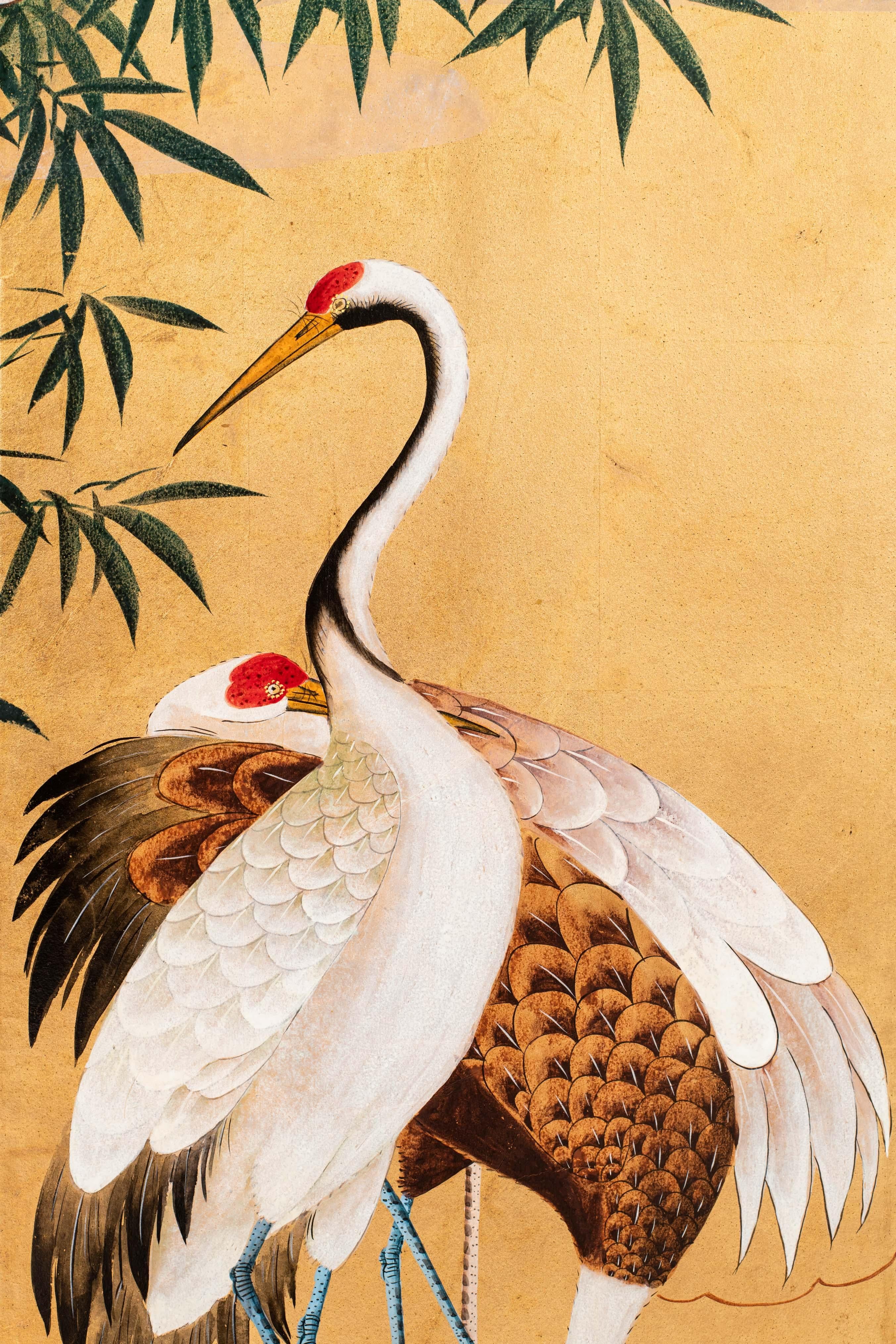 Contemporary Hand-Painted Japanese Screen of Gathering of Cranes 2