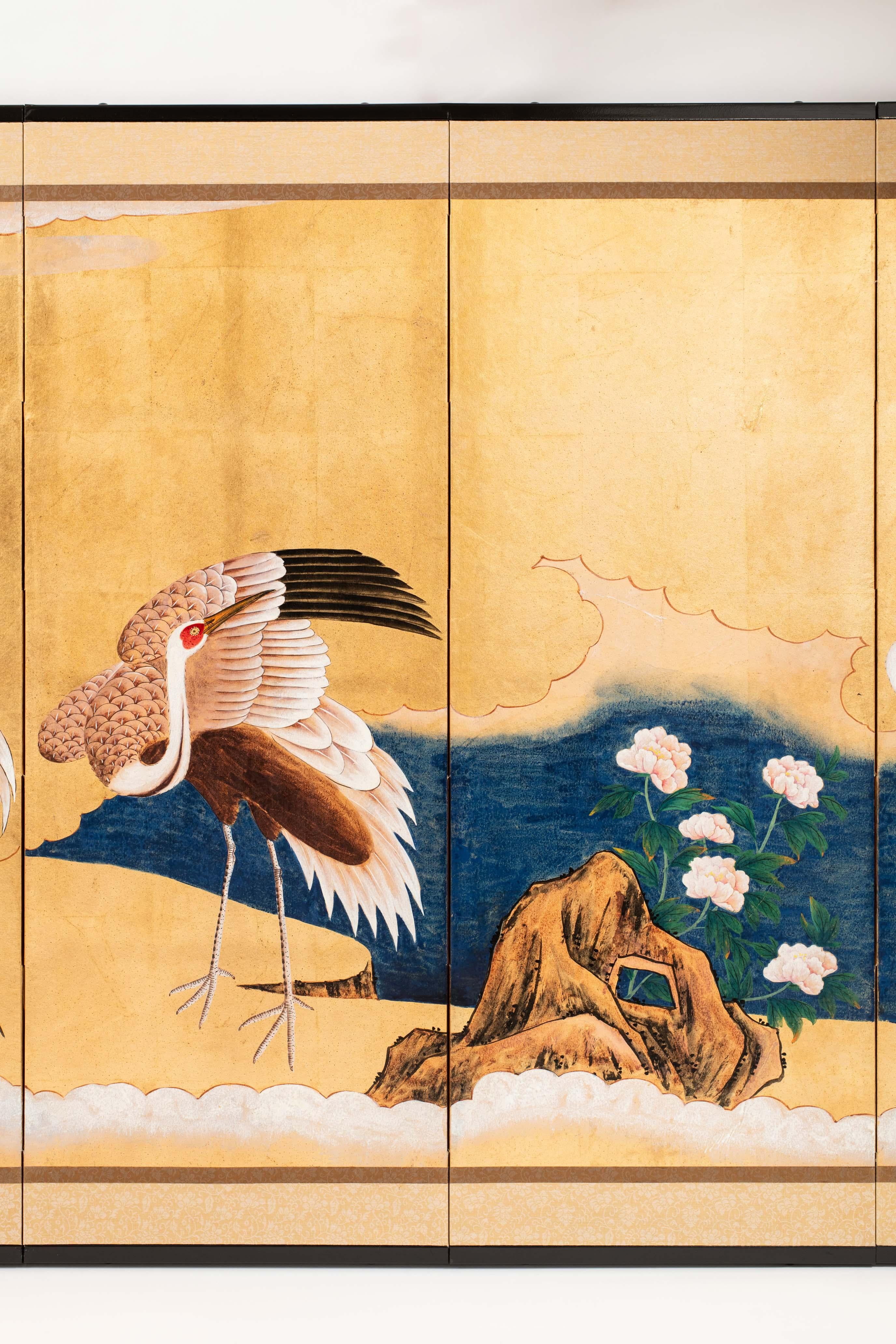 Contemporary Hand-Painted Japanese Screen of Gathering of Cranes 4