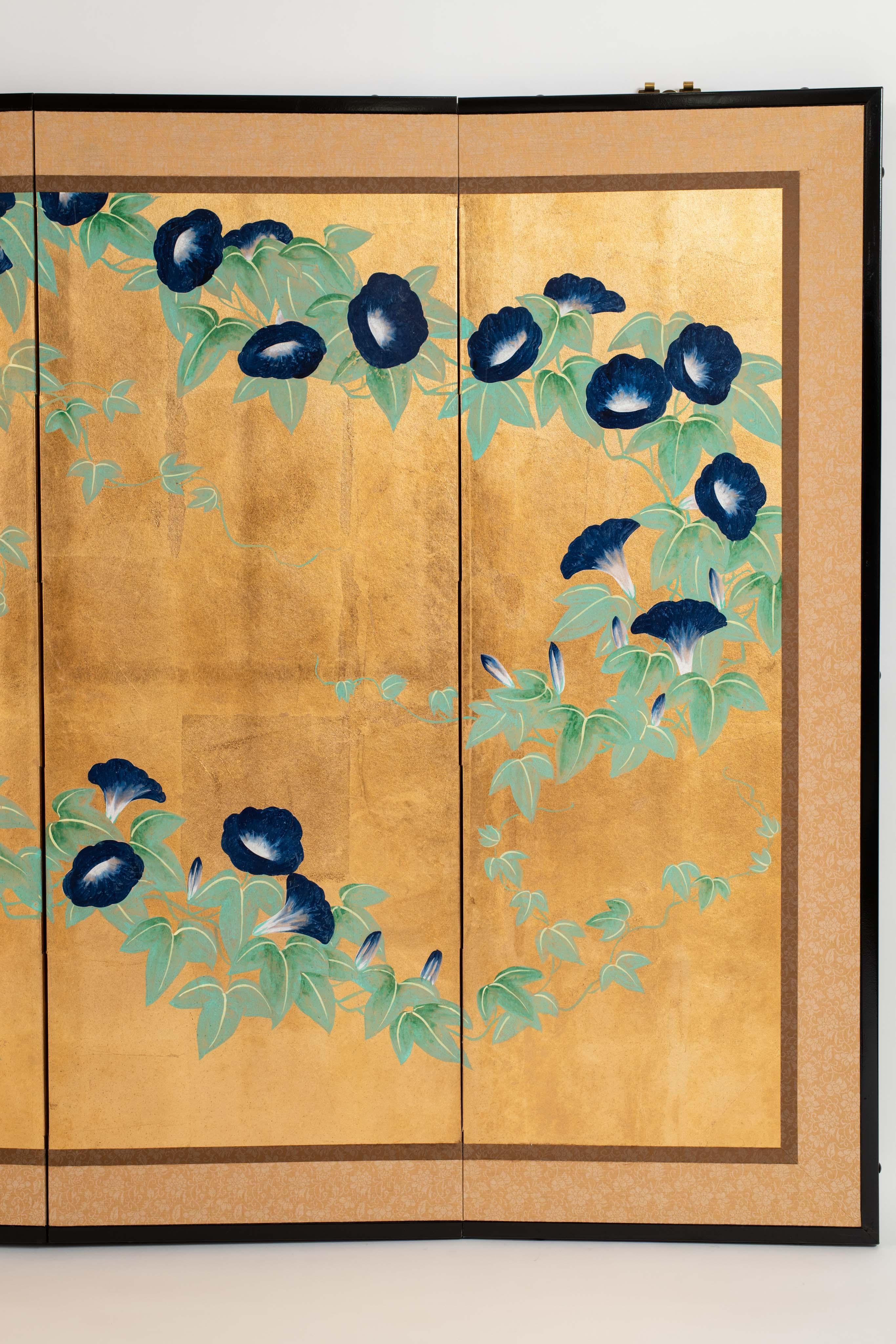 Contemporary Hand-Painted Japanese Screen of Morning Glory 1