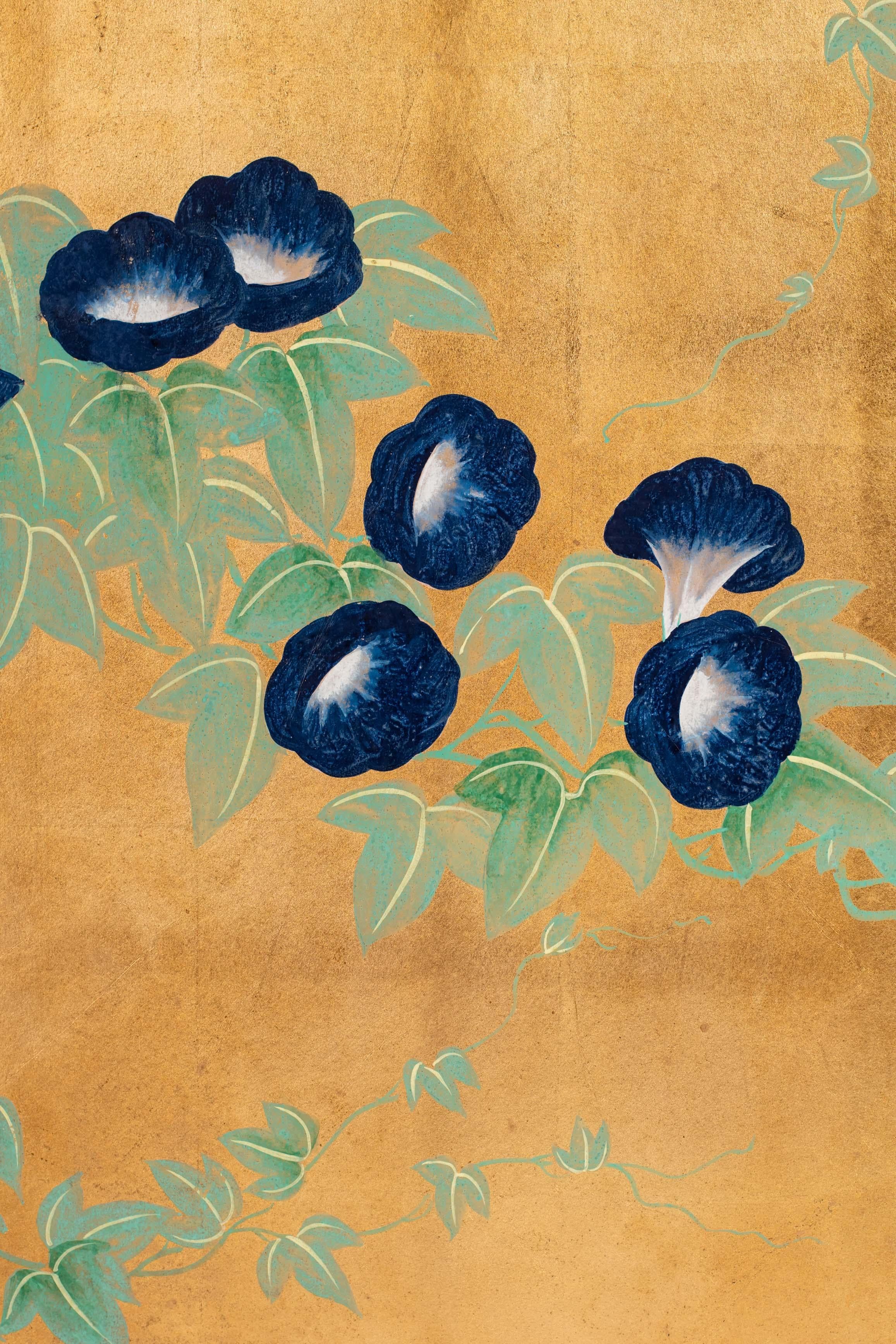 Contemporary Hand-Painted Japanese Screen of Morning Glory 2