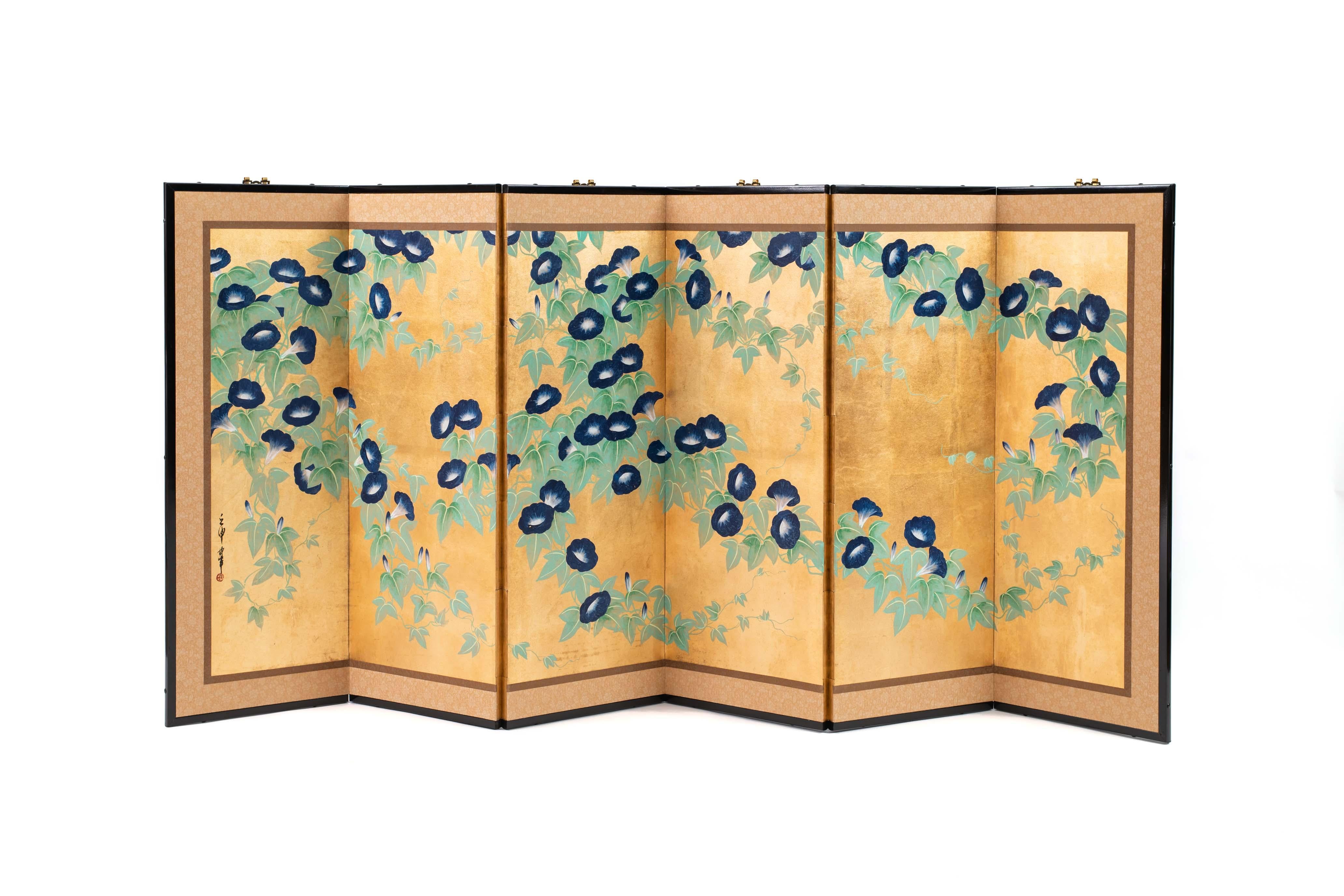 Contemporary Hand-Painted Japanese Screen of Morning Glory 3