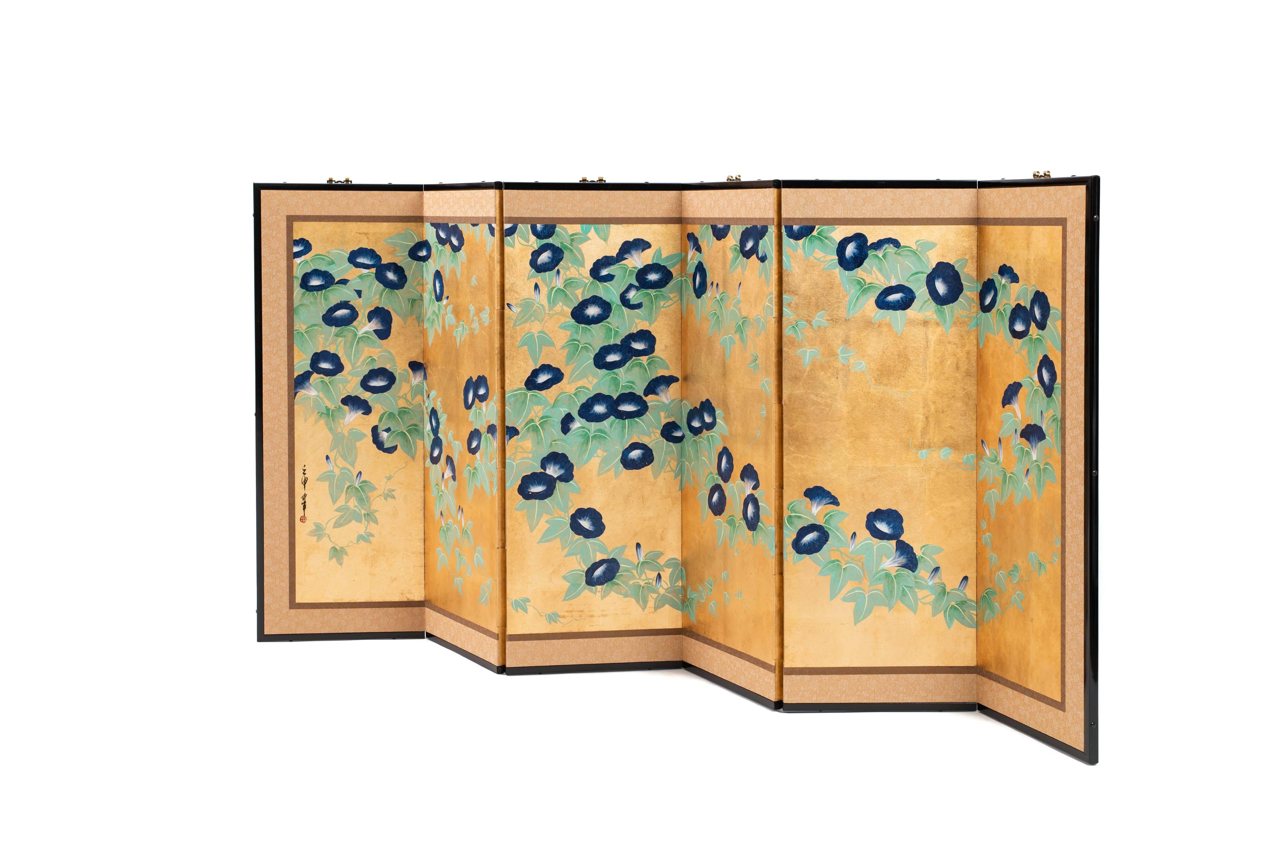 The morning glory painting of this six-panel screen is hand-painted in watercolor, on squares of gold leaf which are applied by hand to the paper base over carefully jointed wooden lattice frames. Lacquered wooden rails are then applied to the