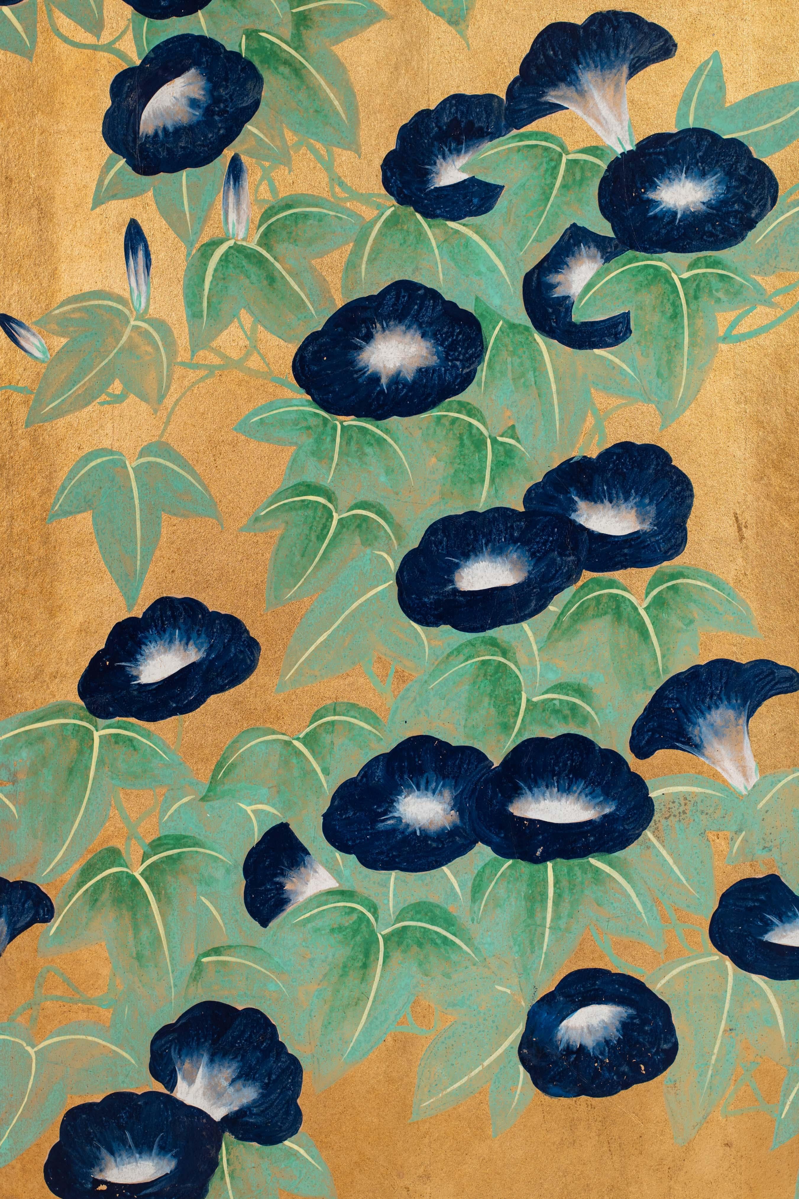 Hand-Crafted Contemporary Hand-Painted Japanese Screen of Morning Glory