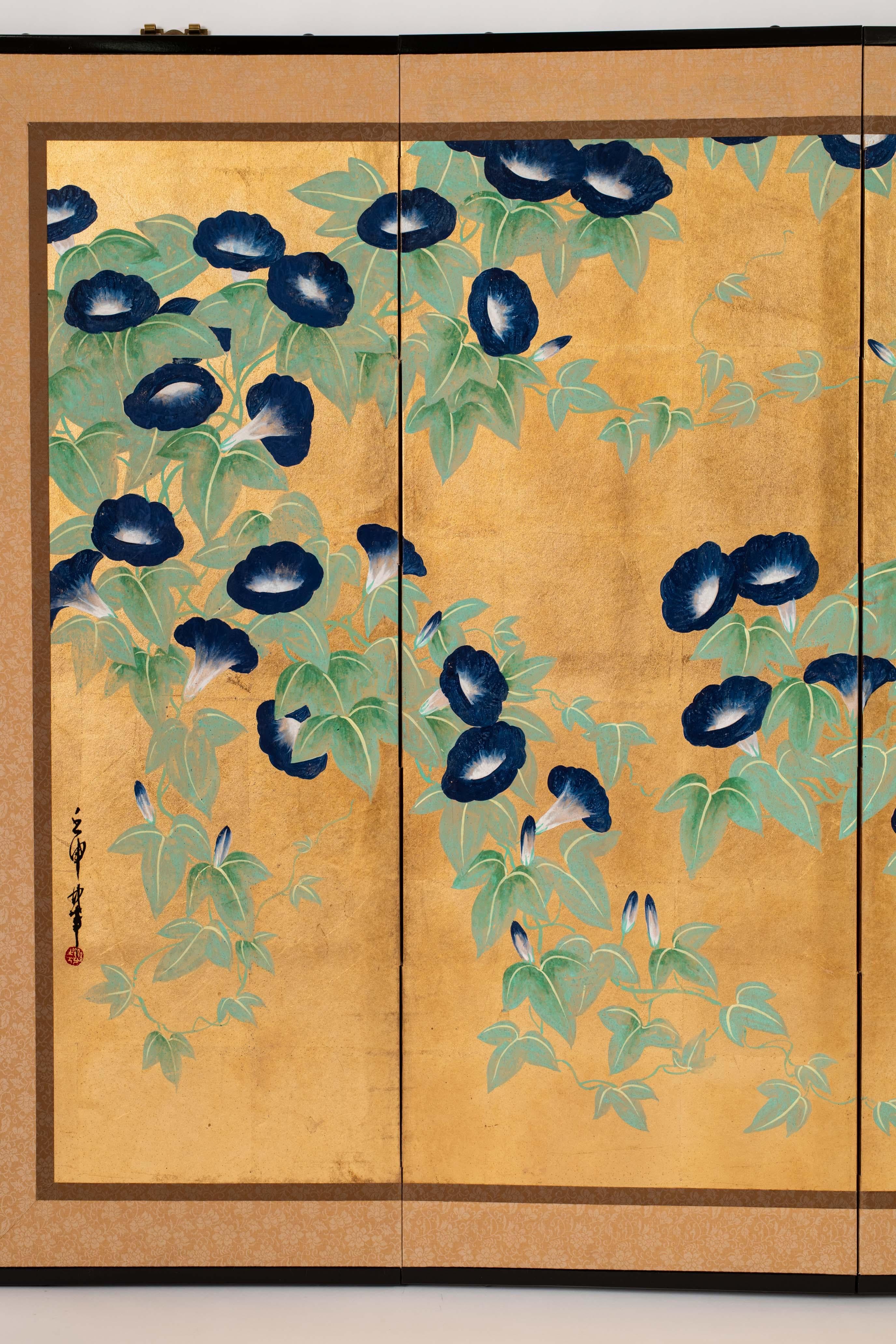 Contemporary Hand-Painted Japanese Screen of Morning Glory In Excellent Condition In 10 Chater Road, HK