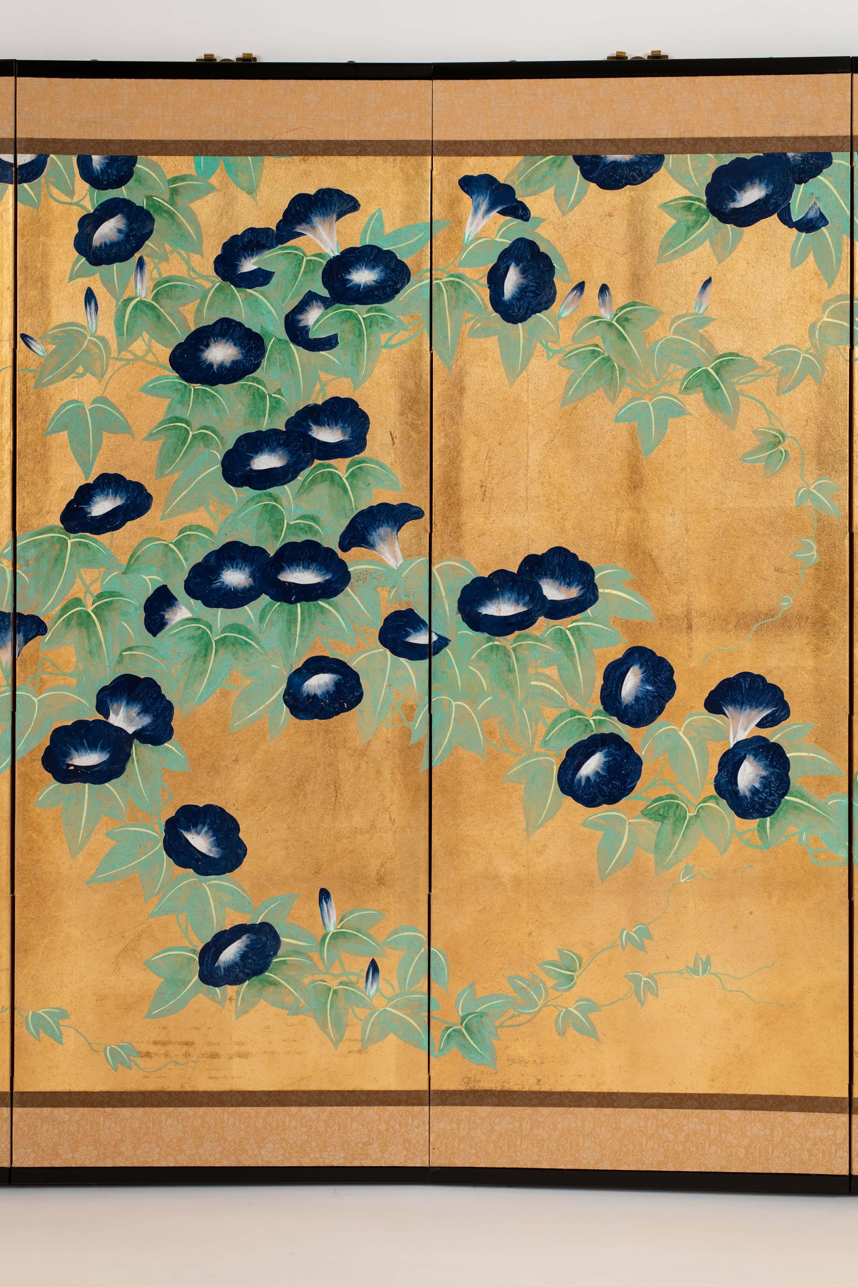 Gold Leaf Contemporary Hand-Painted Japanese Screen of Morning Glory